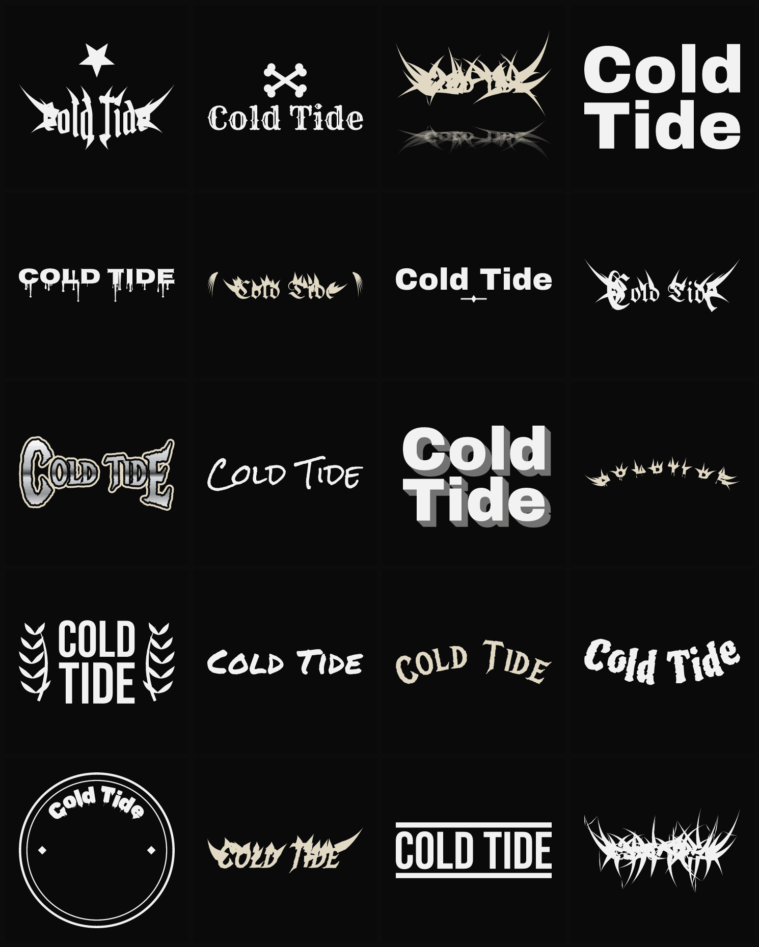 Twenty Cold Tide band logo ideas — different faces, treatments and spike settings