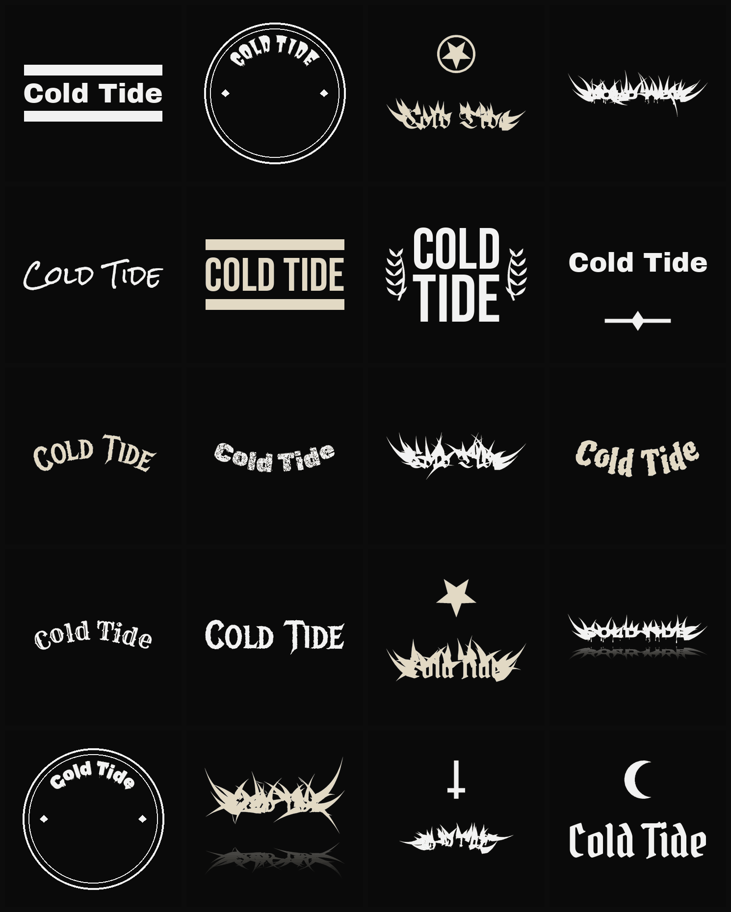 Twenty Cold Tide band logo ideas — different faces, treatments and spike settings