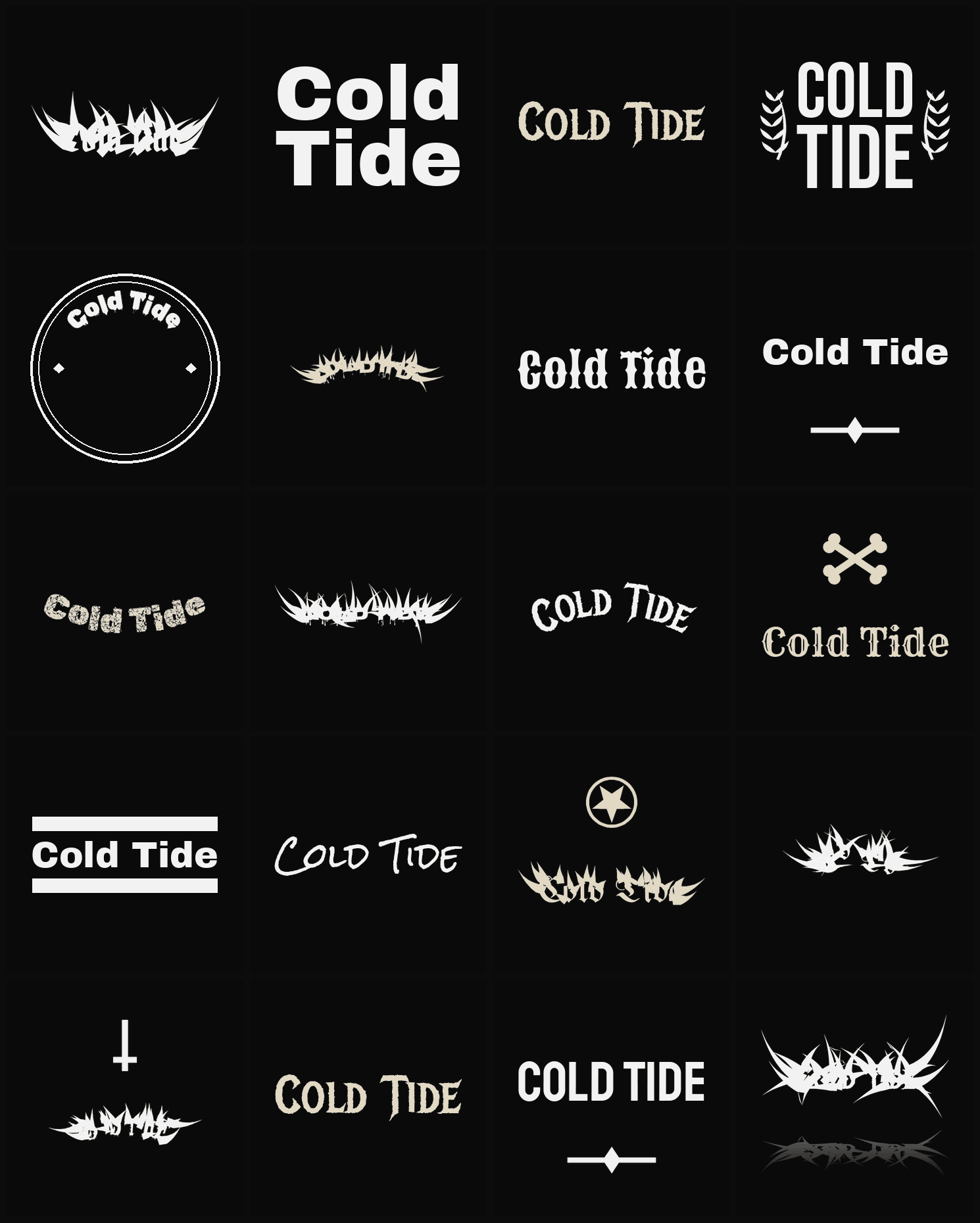 Twenty Cold Tide band logo ideas — different faces, treatments and spike settings