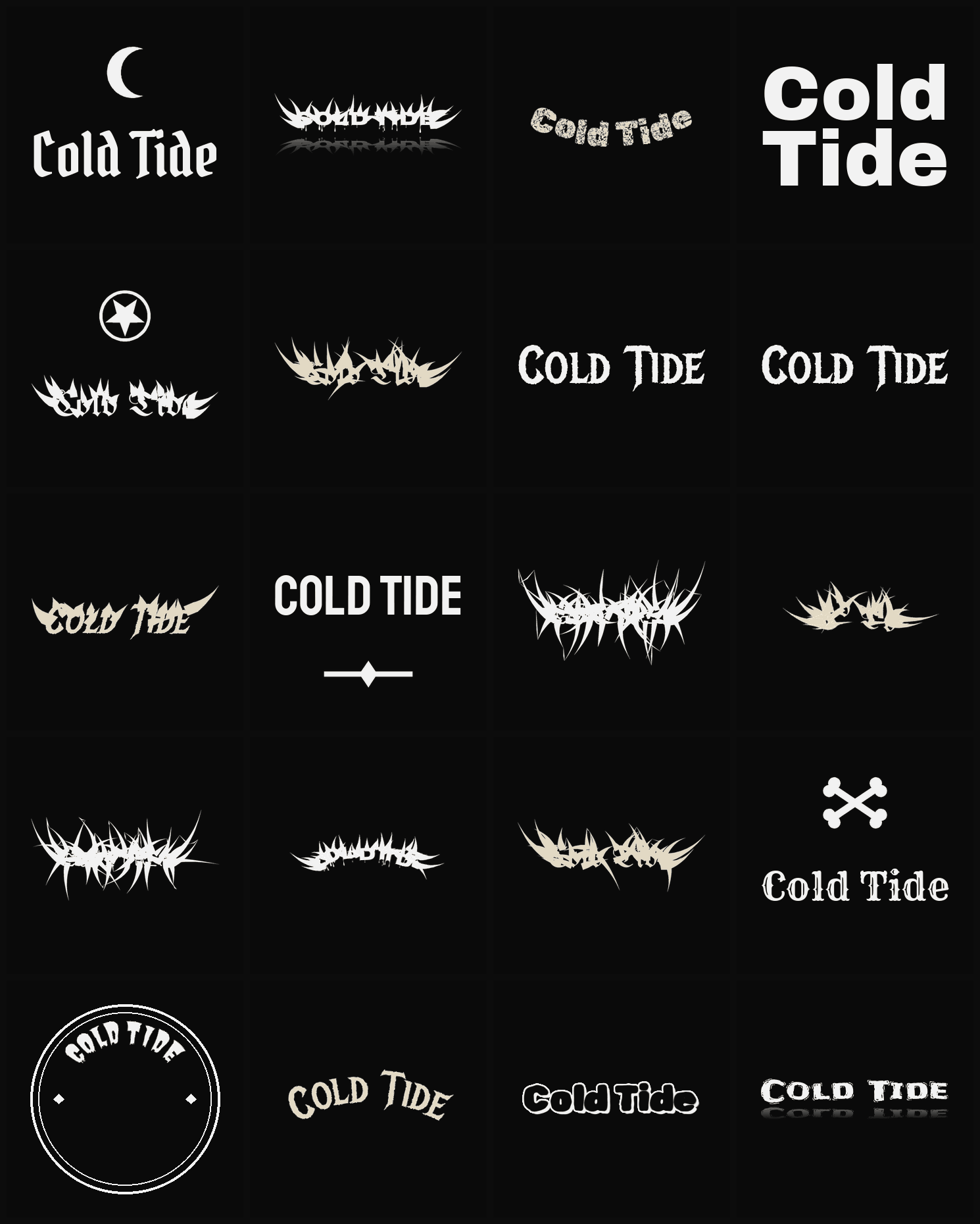 Twenty Cold Tide band logo ideas — different faces, treatments and spike settings
