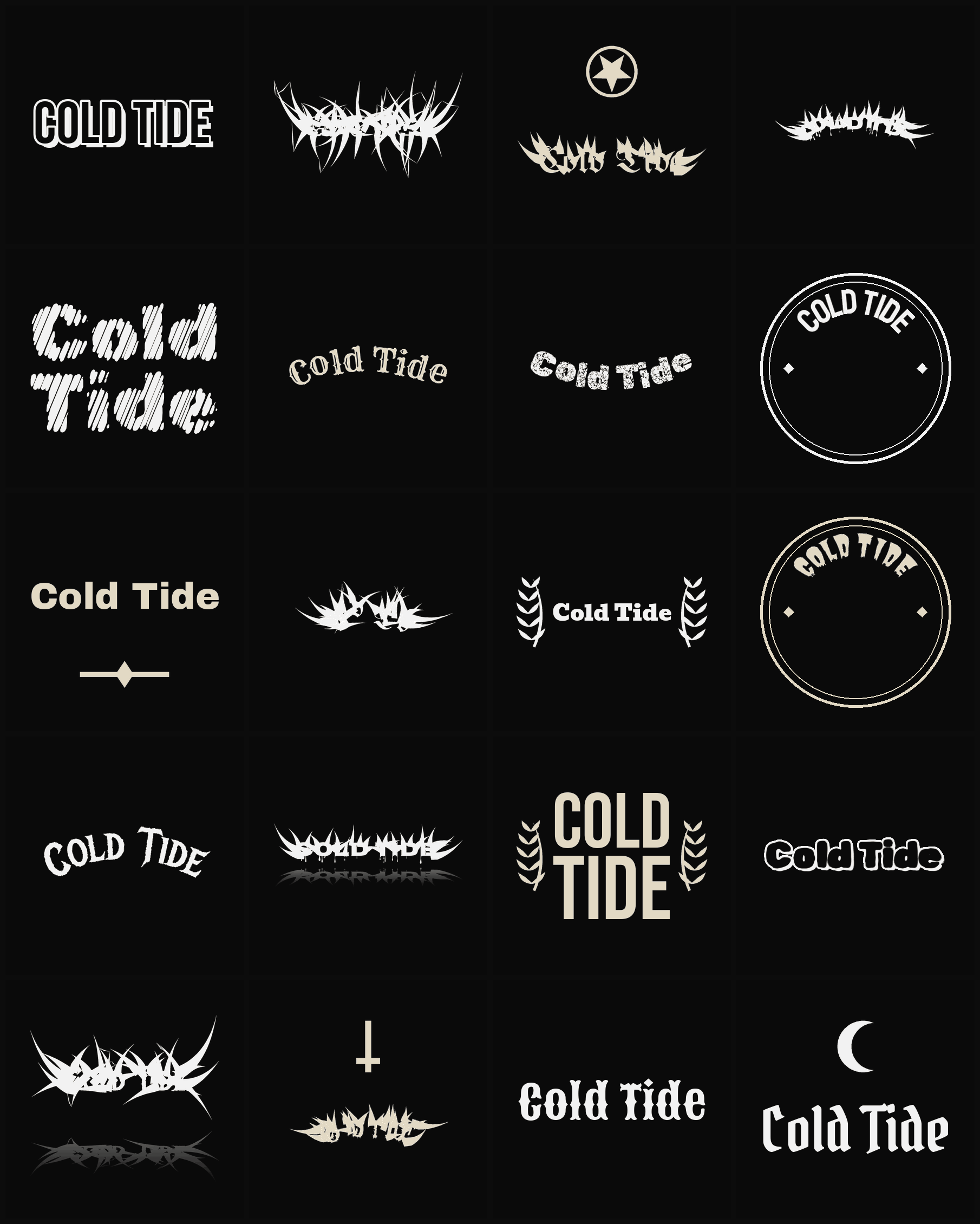 Twenty Cold Tide band logo ideas — different faces, treatments and spike settings