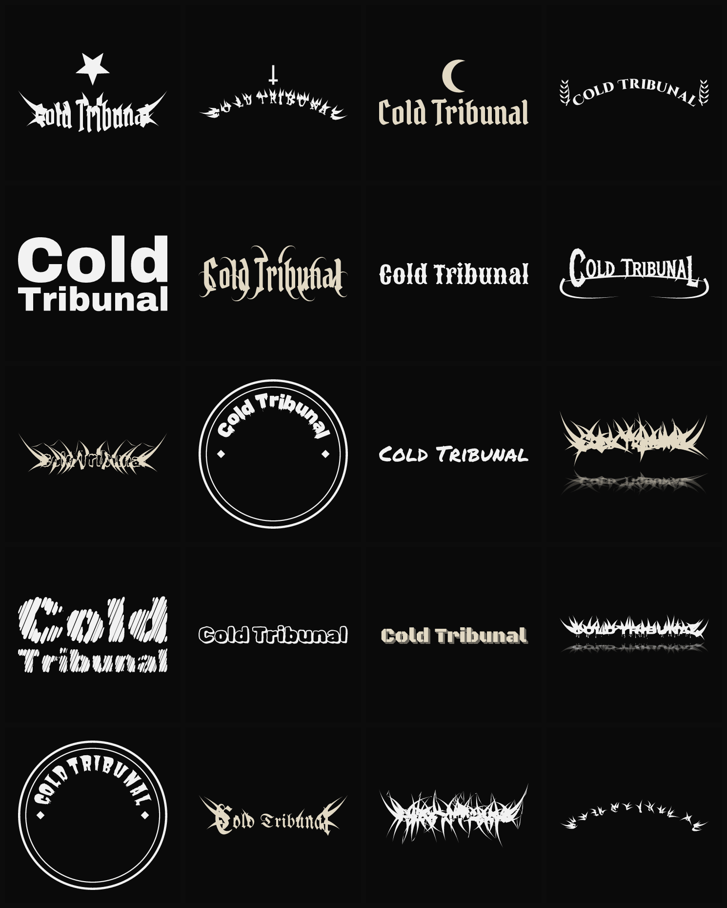 Twenty Cold Tribunal band logo ideas — different faces, treatments and spike settings