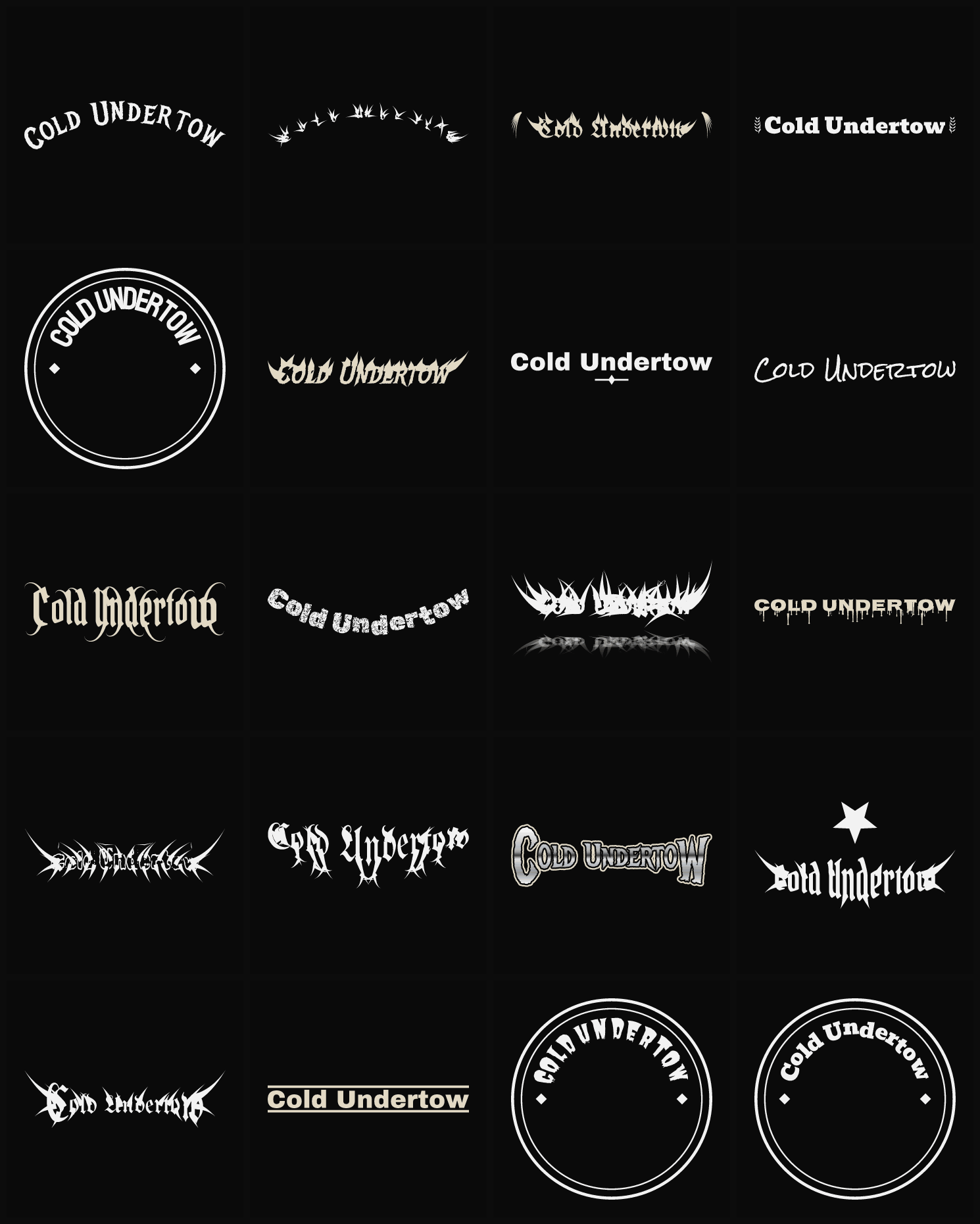 Twenty Cold Undertow band logo ideas — different faces, treatments and spike settings