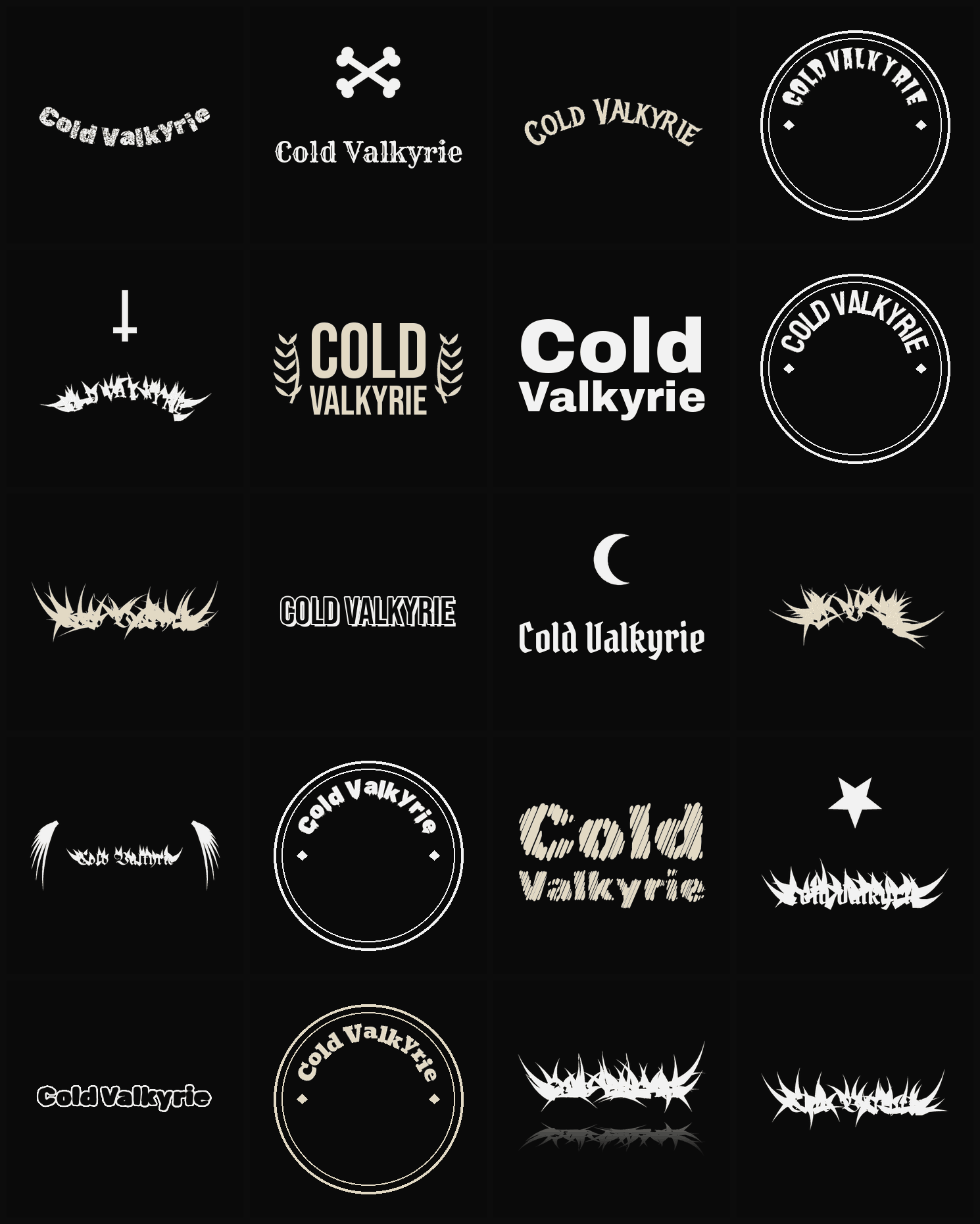 Twenty Cold Valkyrie band logo ideas — different faces, treatments and spike settings