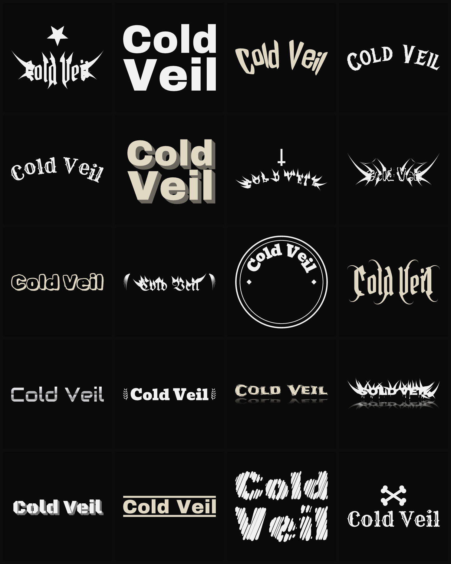 Twenty Cold Veil band logo ideas — different faces, treatments and spike settings