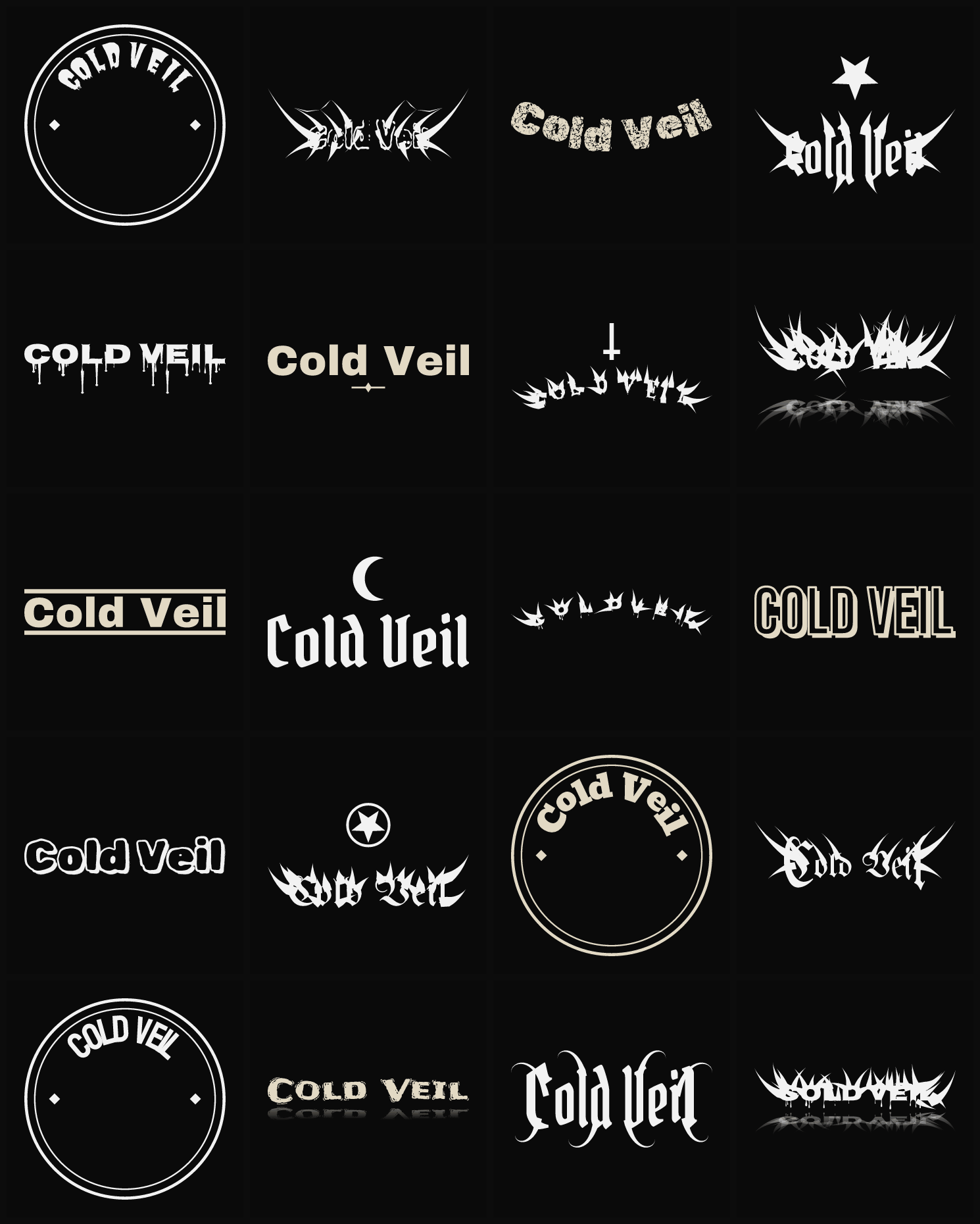 Twenty Cold Veil band logo ideas — different faces, treatments and spike settings