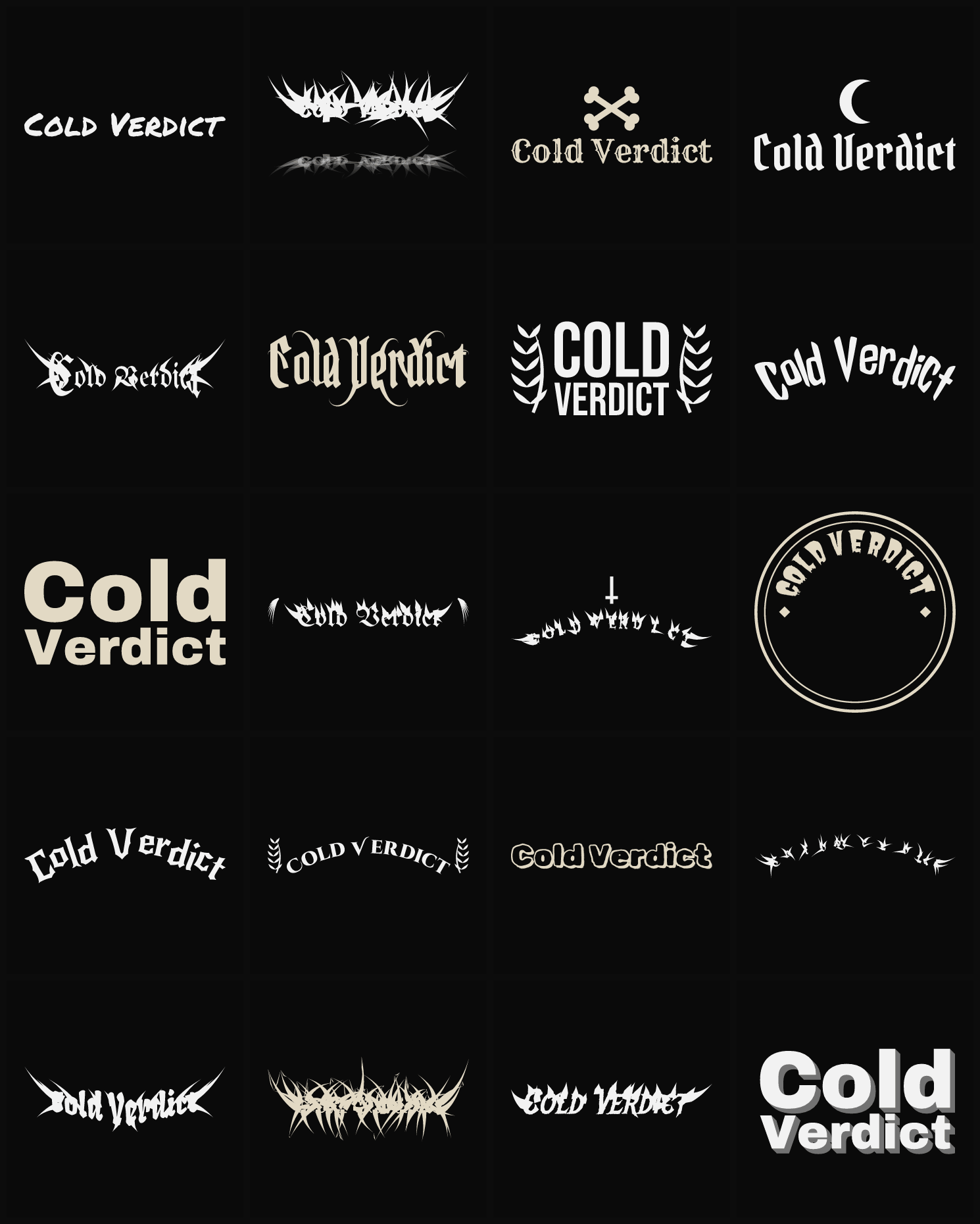 Twenty Cold Verdict band logo ideas — different faces, treatments and spike settings