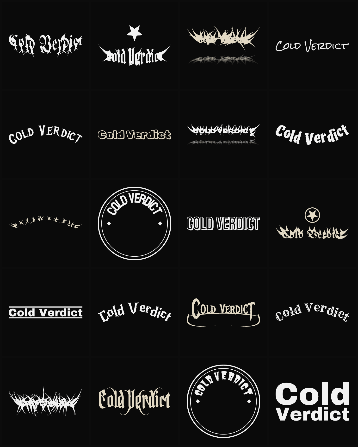 Twenty Cold Verdict band logo ideas — different faces, treatments and spike settings