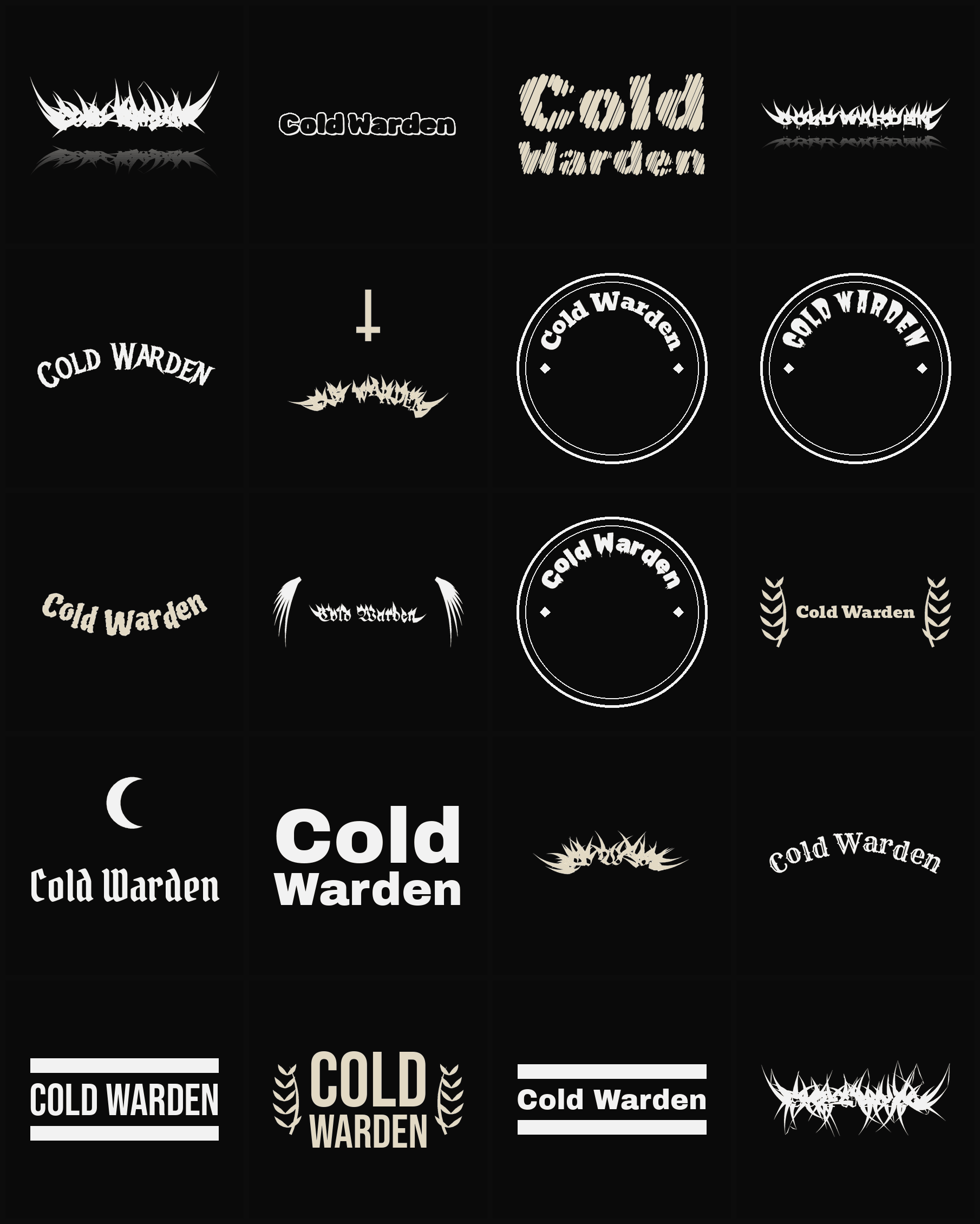 Twenty Cold Warden band logo ideas — different faces, treatments and spike settings