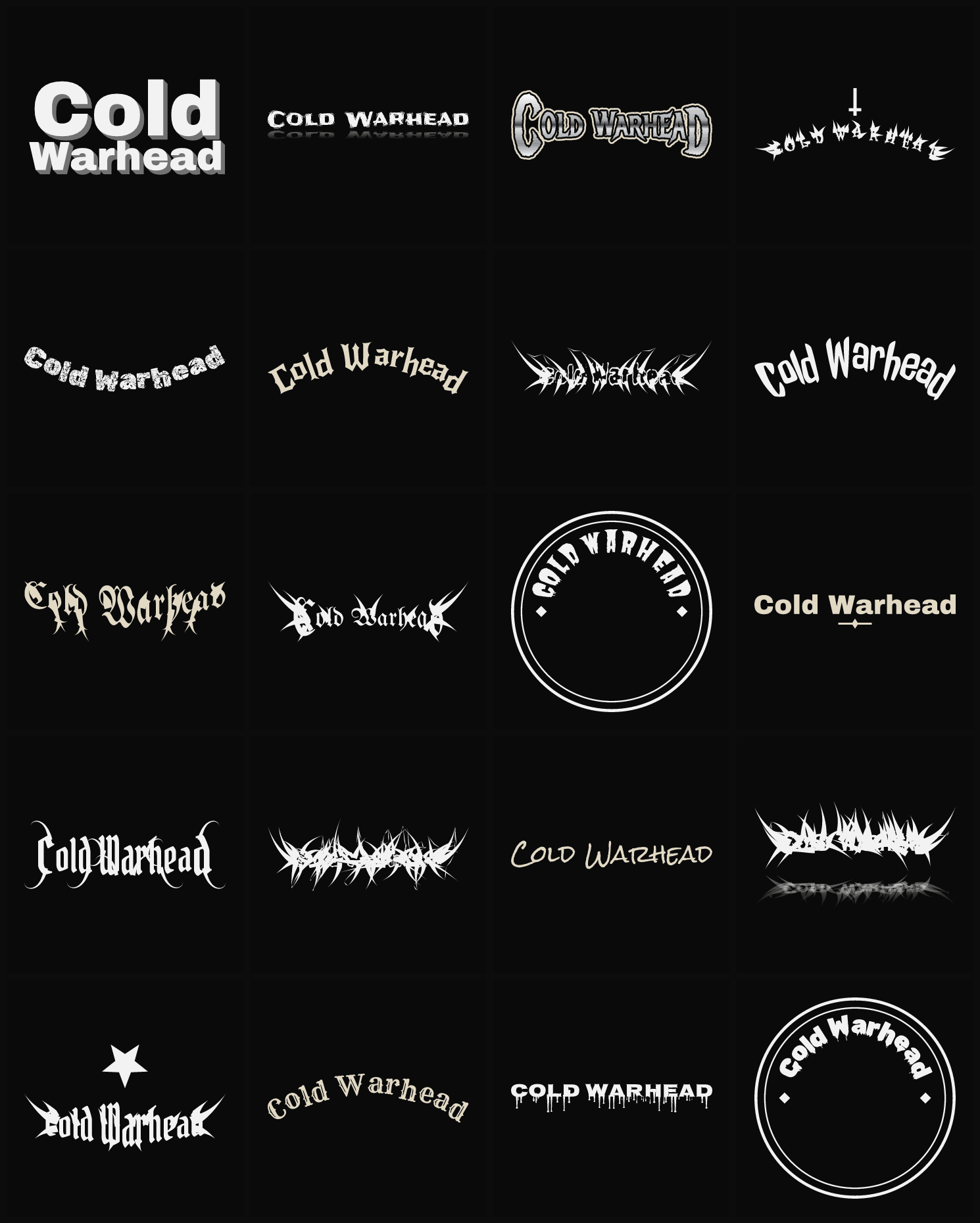 Twenty Cold Warhead band logo ideas — different faces, treatments and spike settings