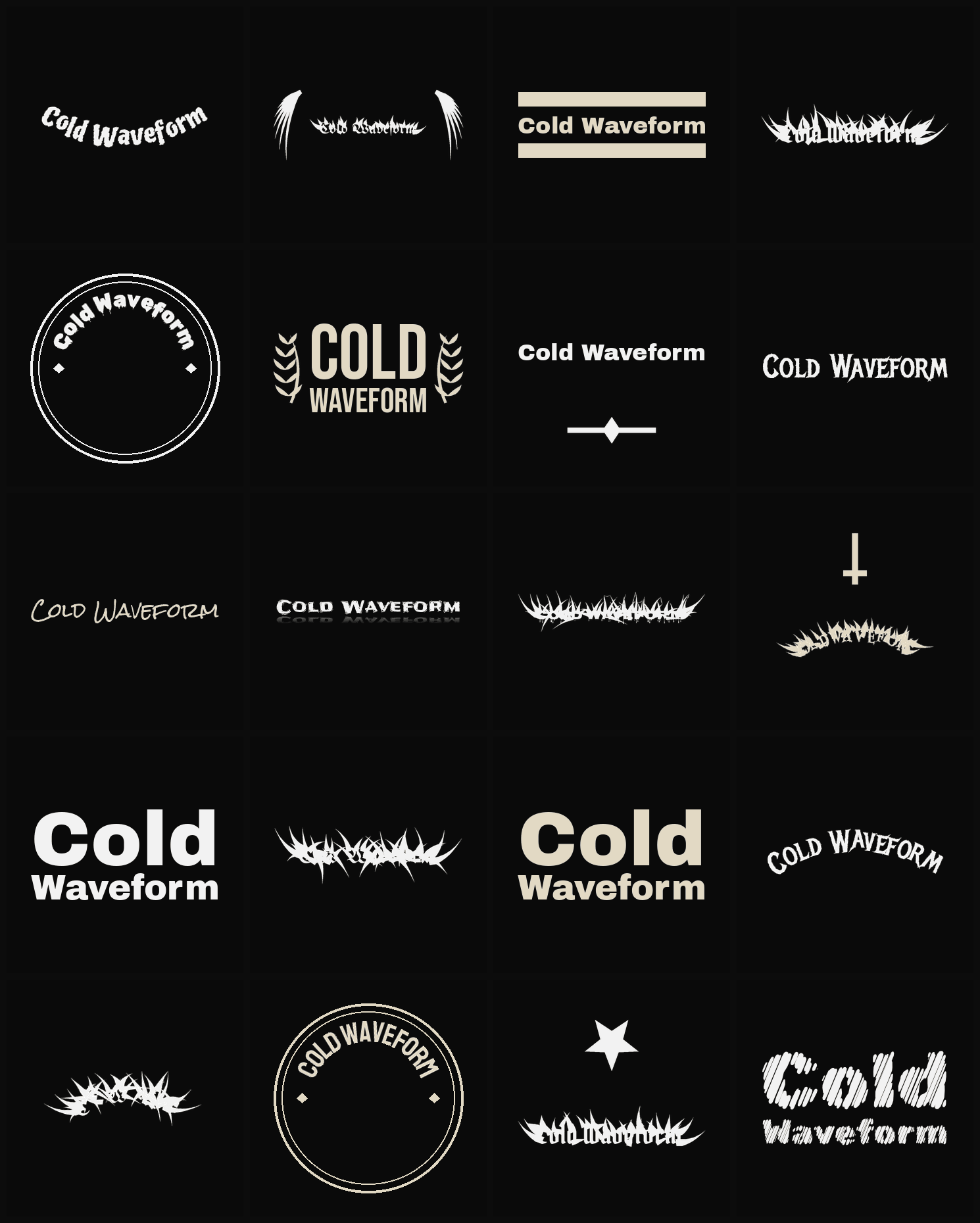 Twenty Cold Waveform band logo ideas — different faces, treatments and spike settings