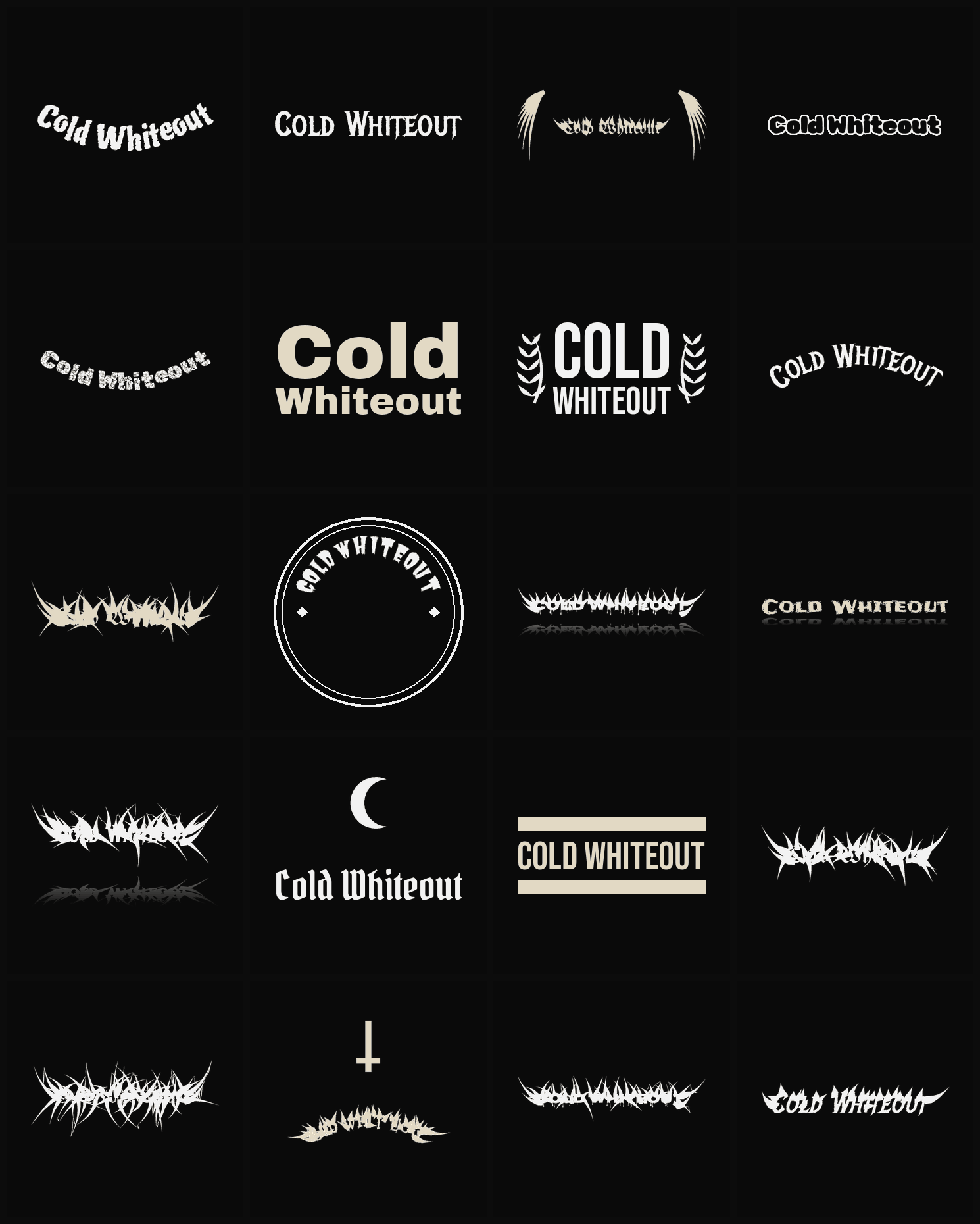 Twenty Cold Whiteout band logo ideas — different faces, treatments and spike settings