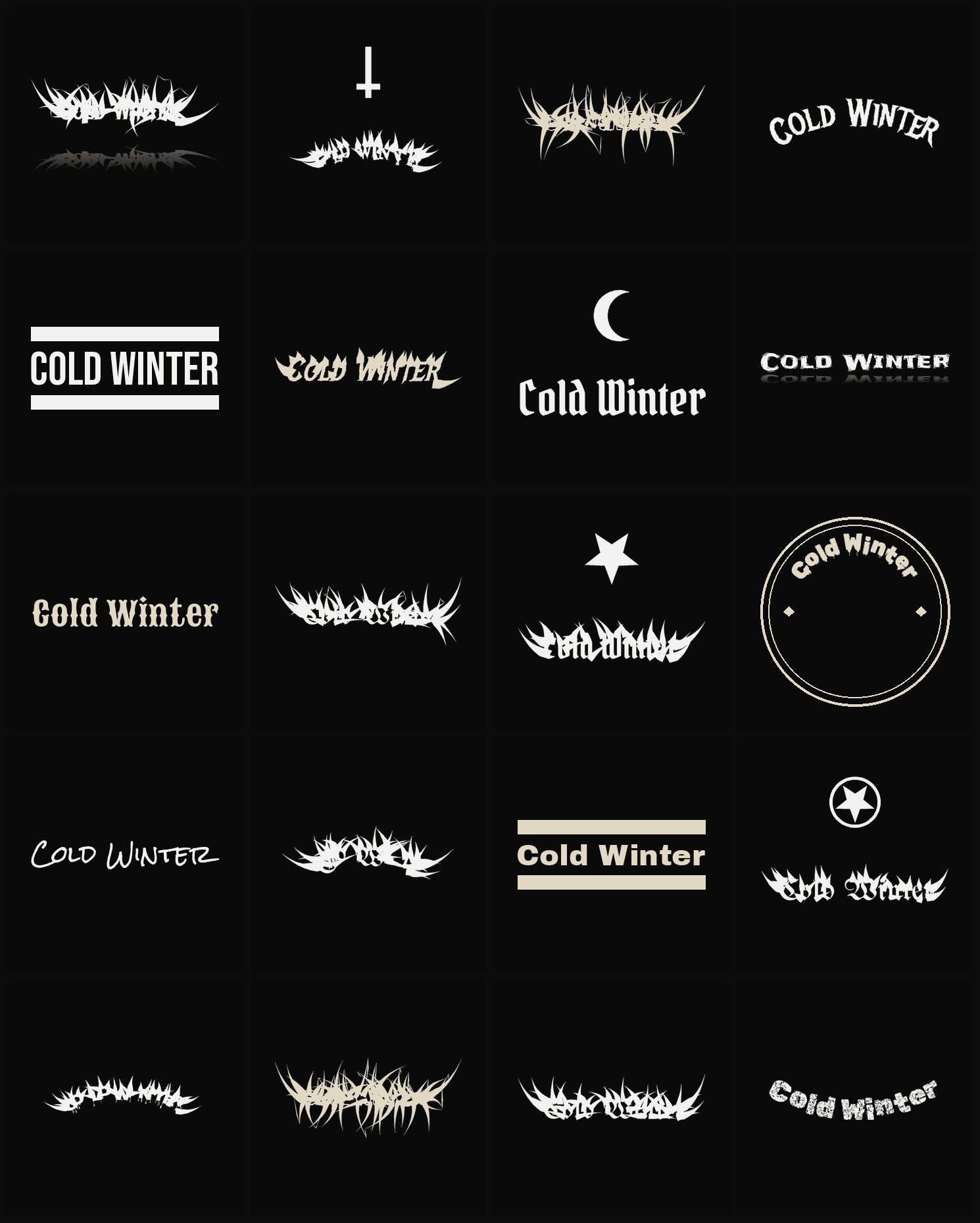 Twenty Cold Winter band logo ideas — different faces, treatments and spike settings