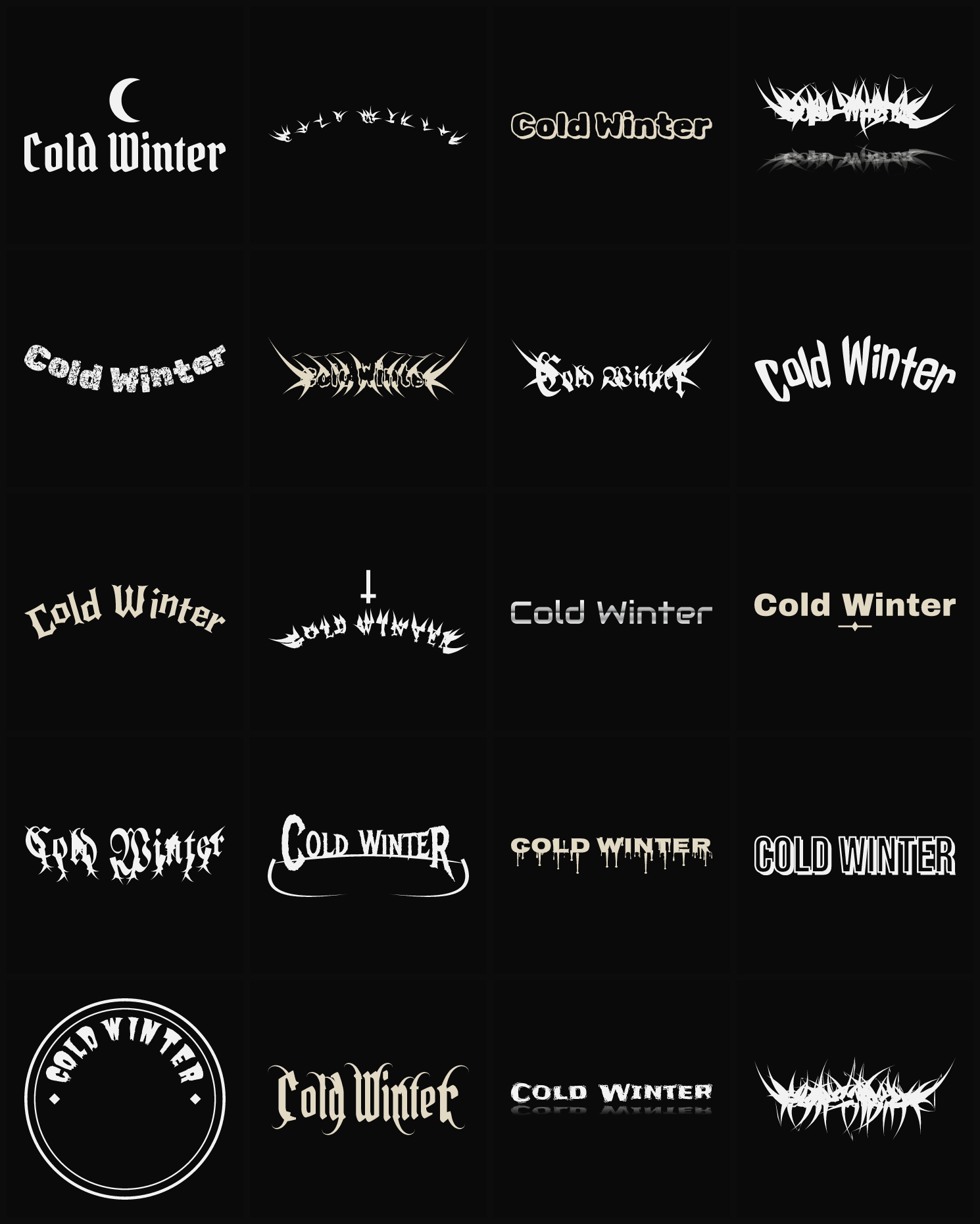 Twenty Cold Winter band logo ideas — different faces, treatments and spike settings