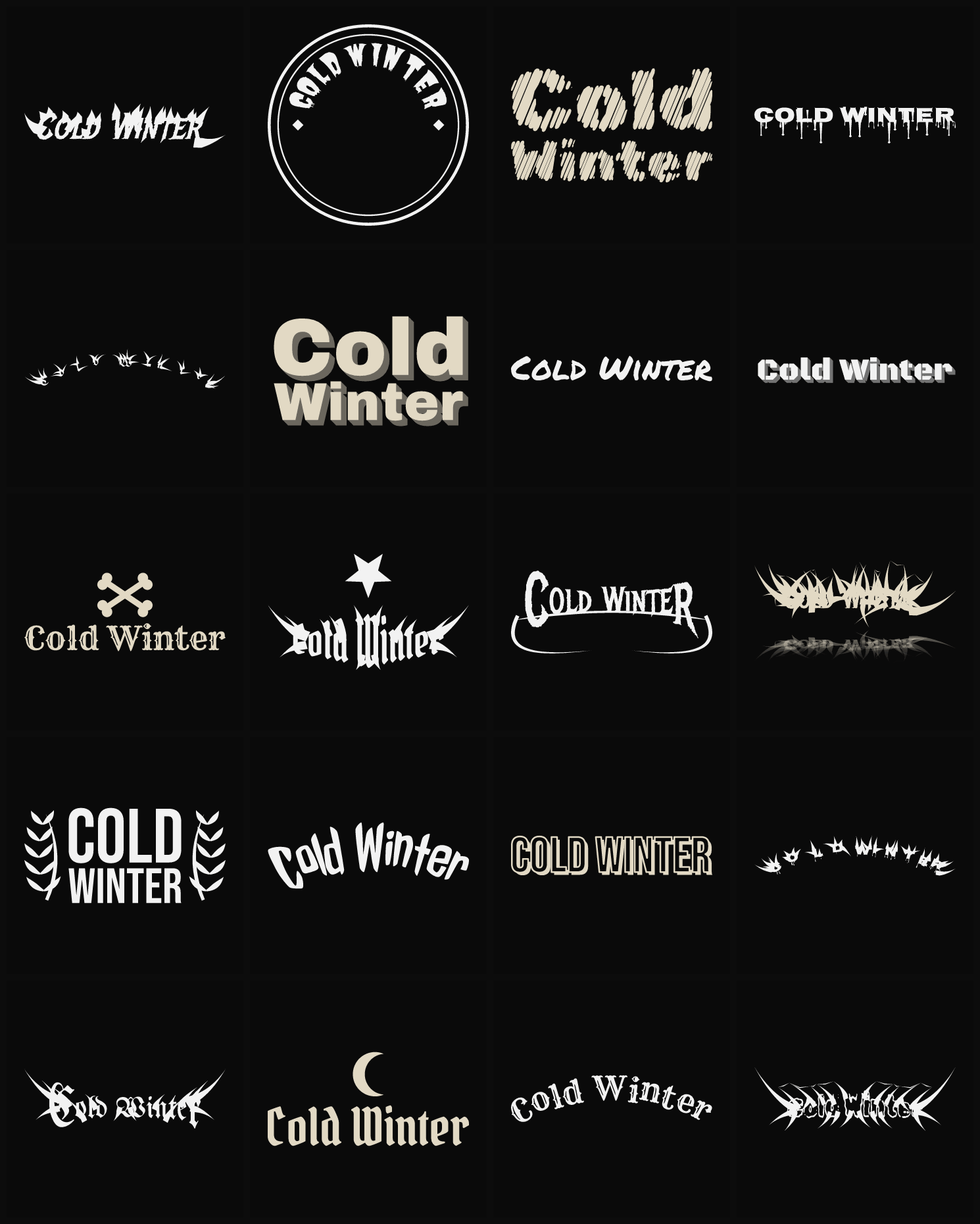 Twenty Cold Winter band logo ideas — different faces, treatments and spike settings
