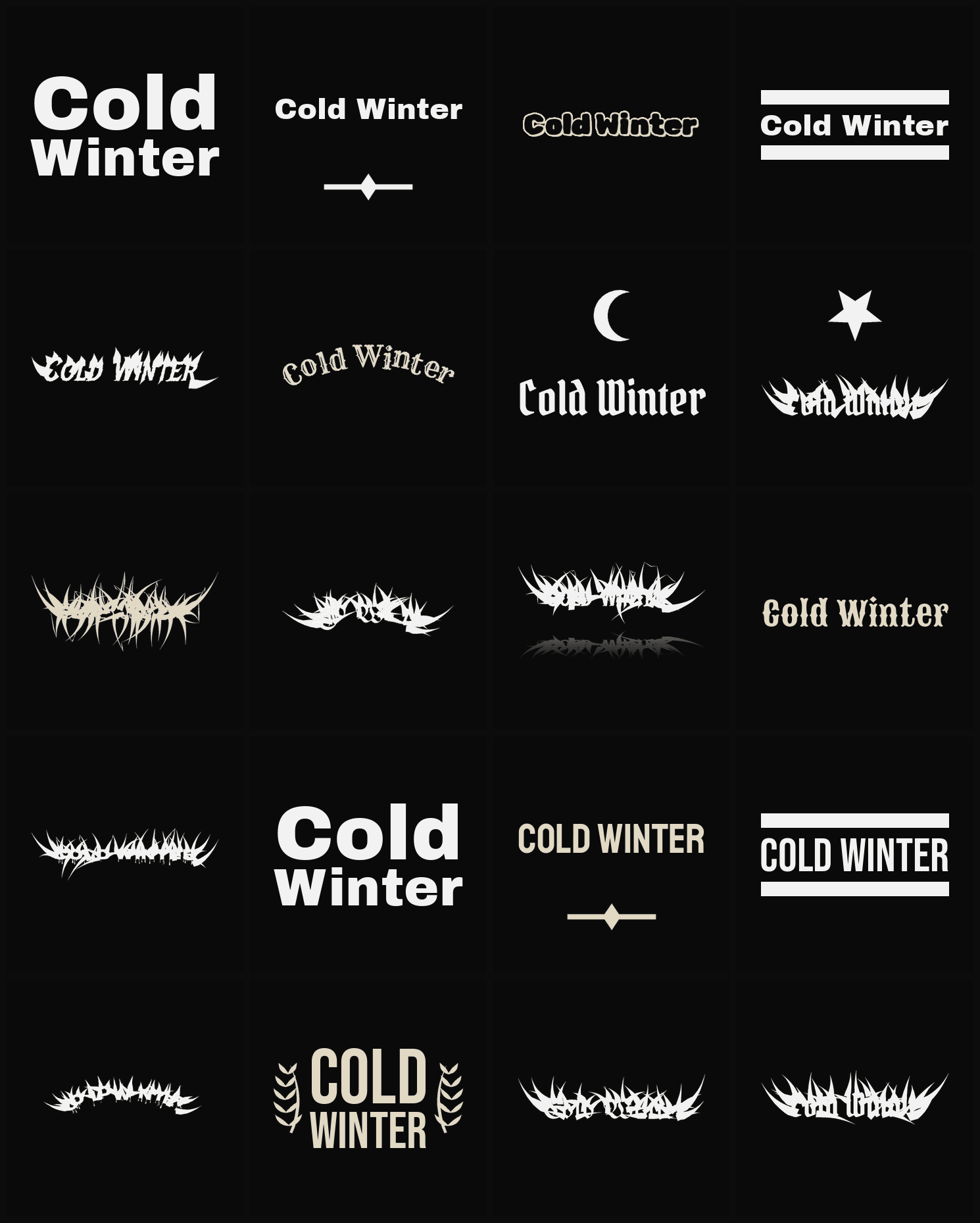 Twenty Cold Winter band logo ideas — different faces, treatments and spike settings