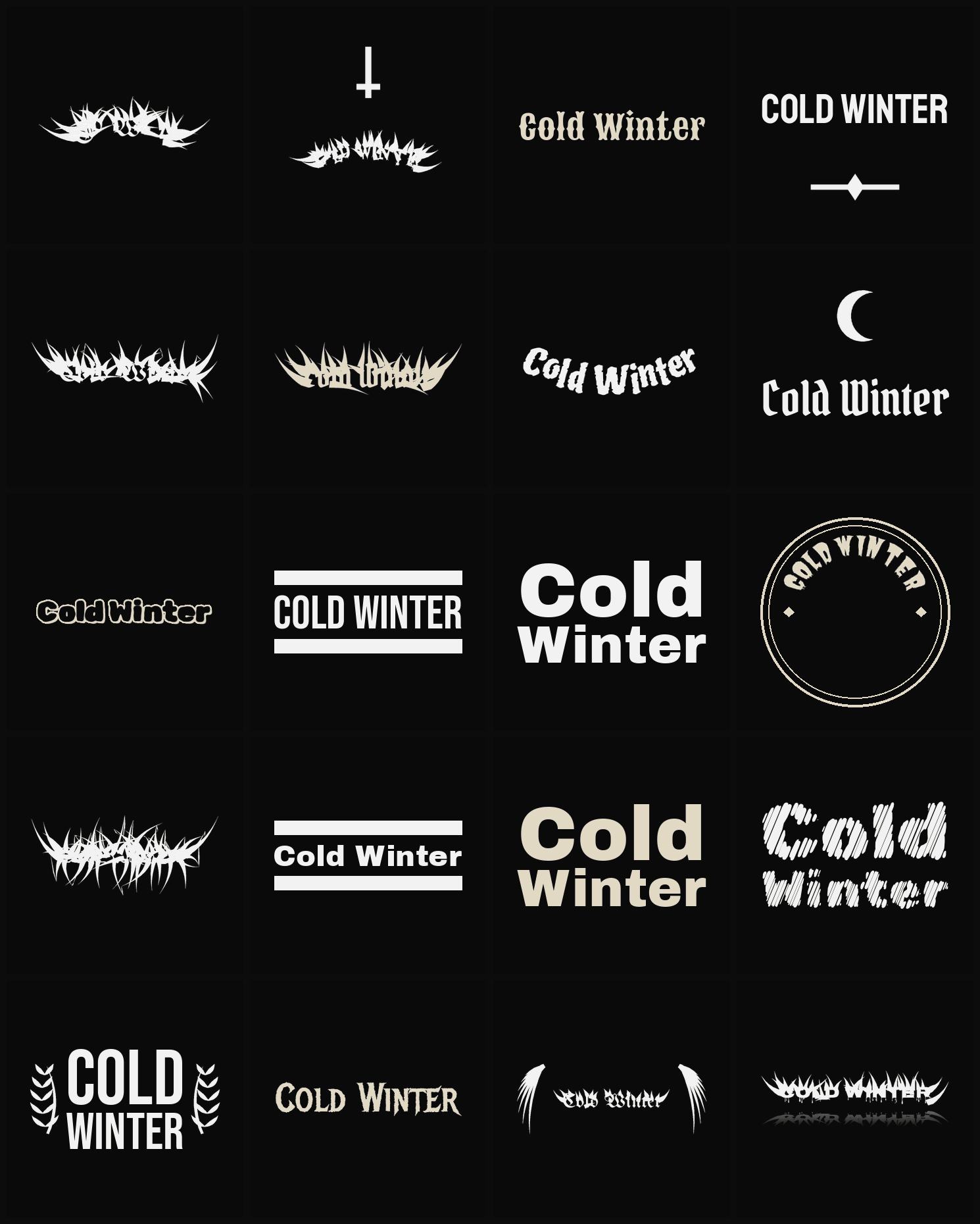 Twenty Cold Winter band logo ideas — different faces, treatments and spike settings