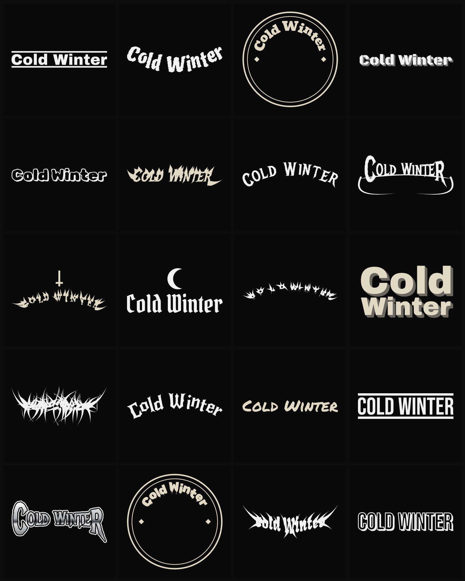 Twenty Cold Winter band logo ideas — different faces, treatments and spike settings