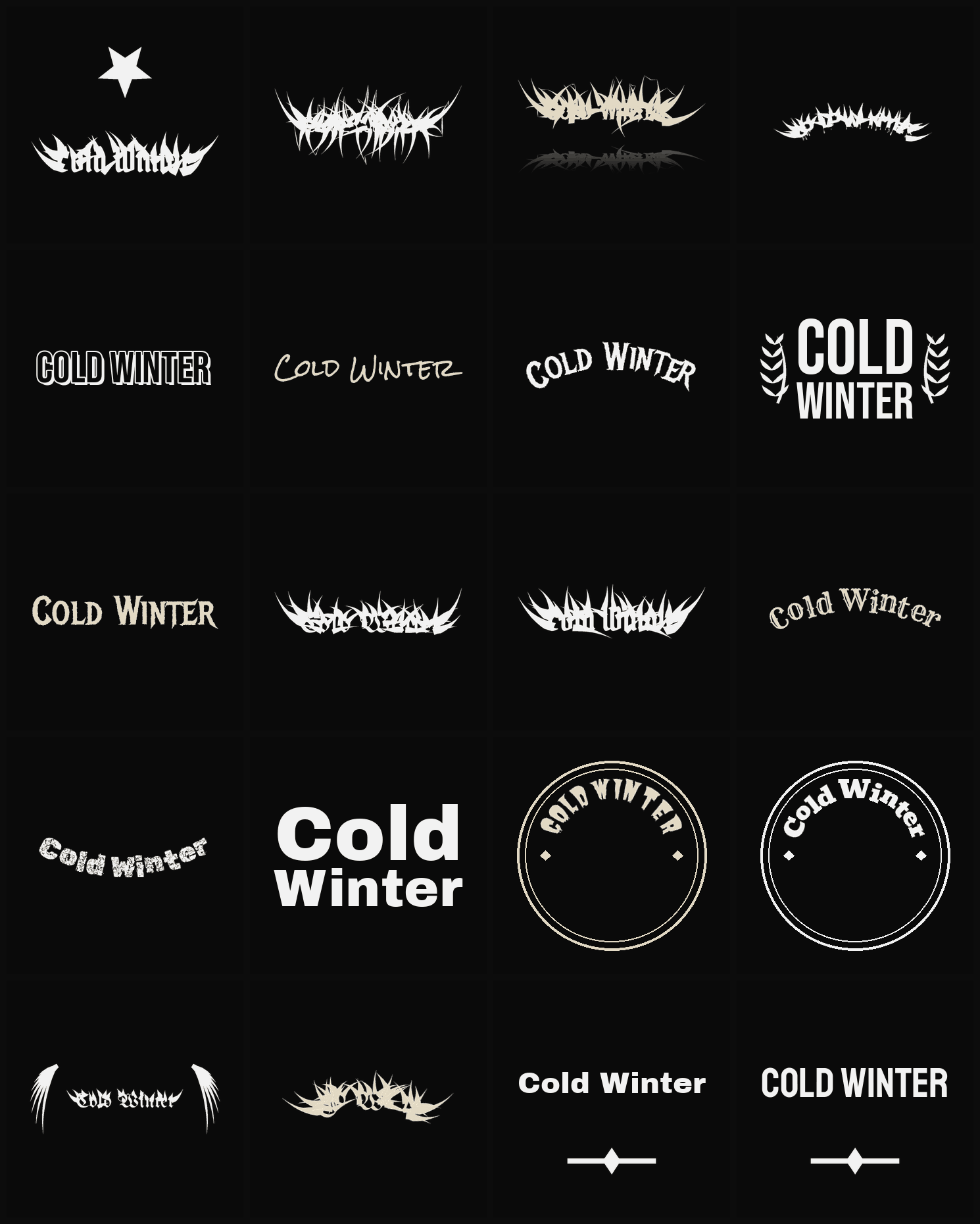 Twenty Cold Winter band logo ideas — different faces, treatments and spike settings