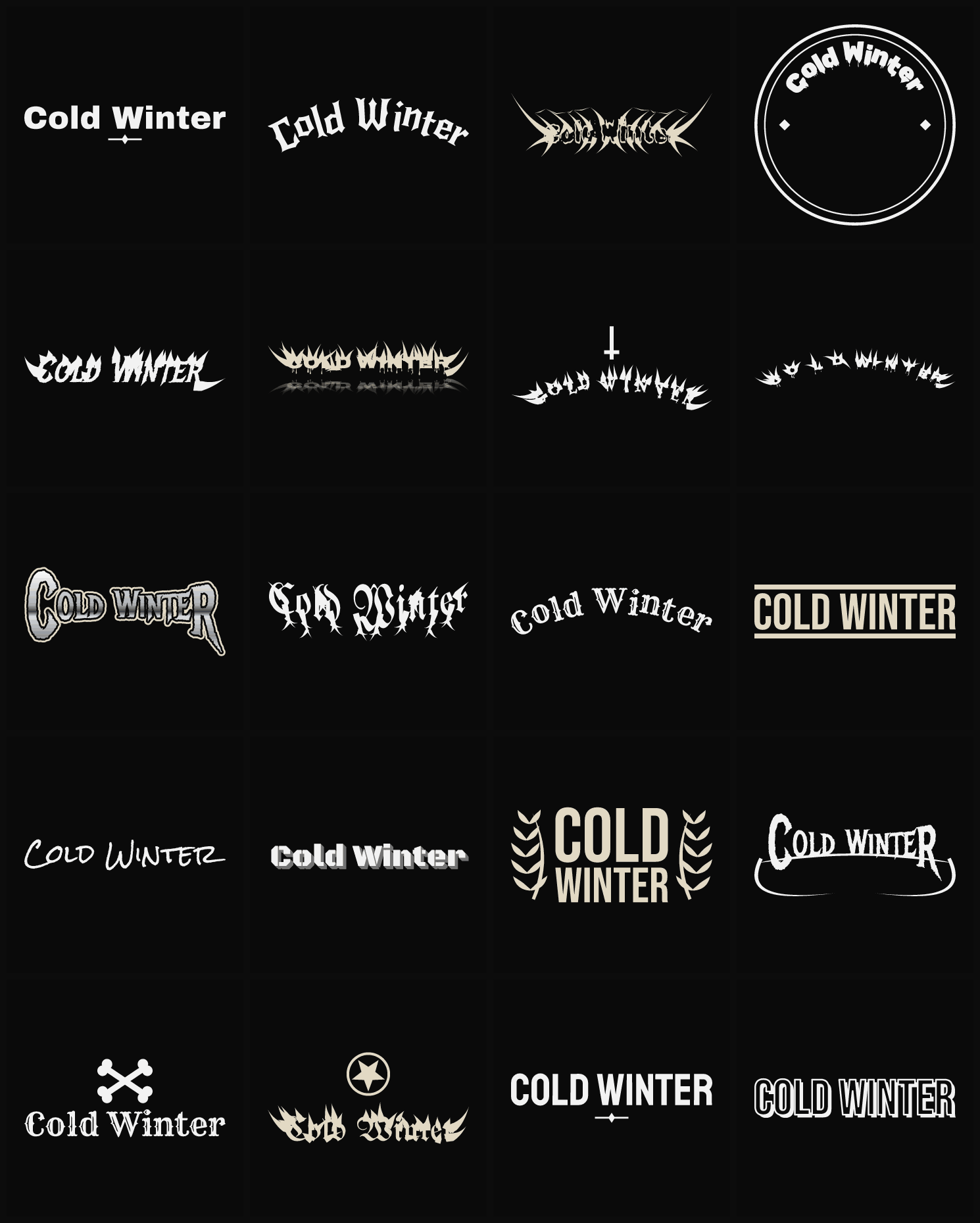 Twenty Cold Winter band logo ideas — different faces, treatments and spike settings