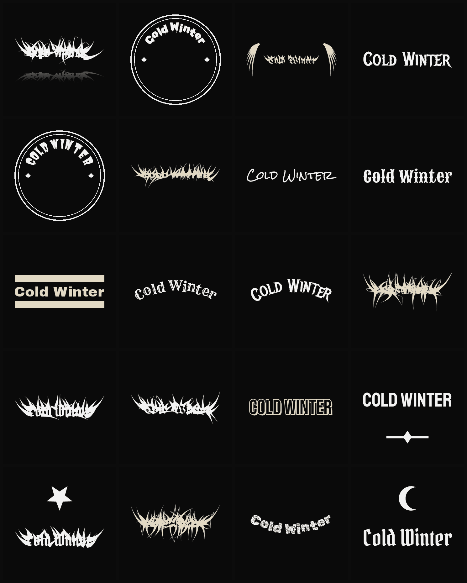 Twenty Cold Winter band logo ideas — different faces, treatments and spike settings