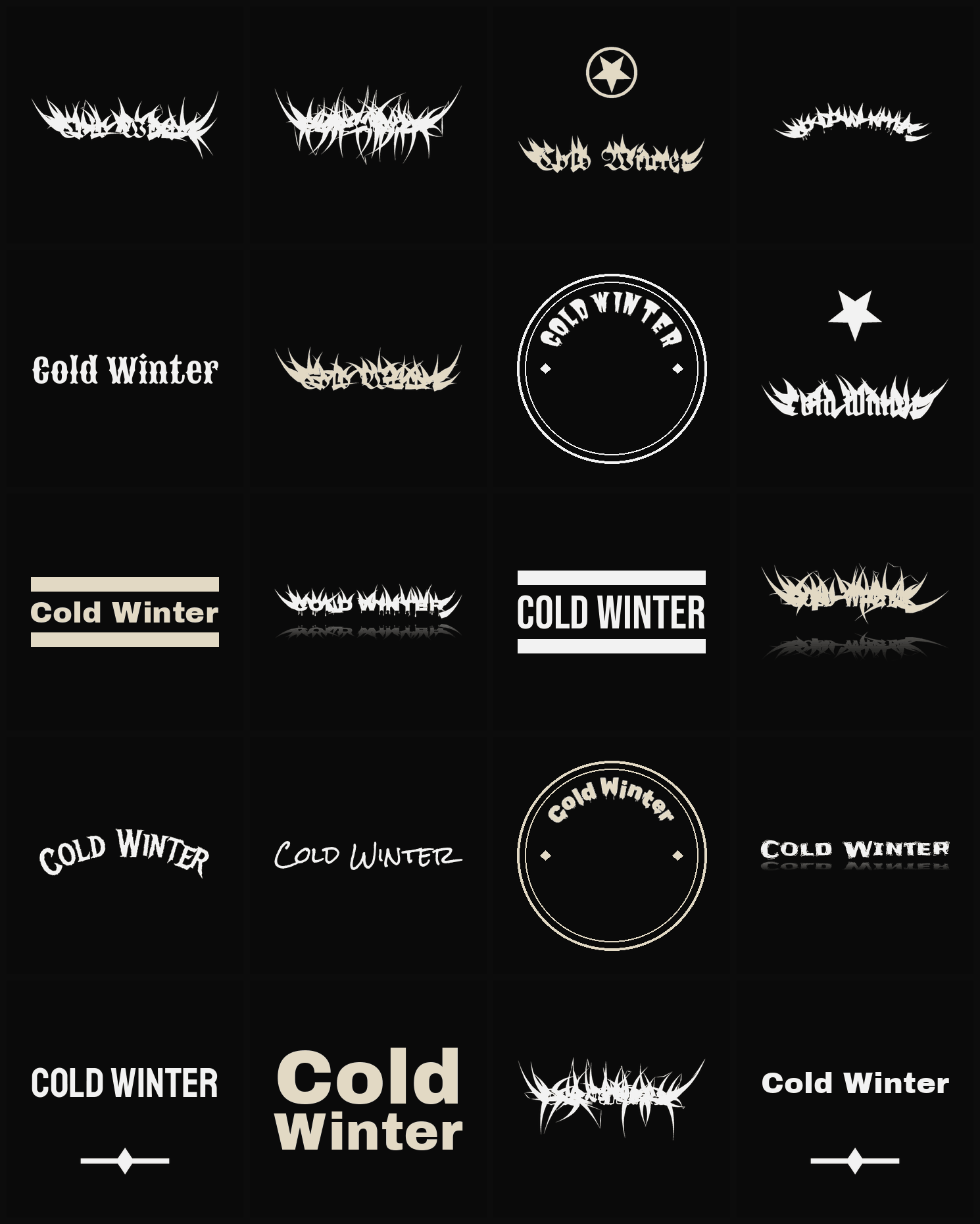 Twenty Cold Winter band logo ideas — different faces, treatments and spike settings