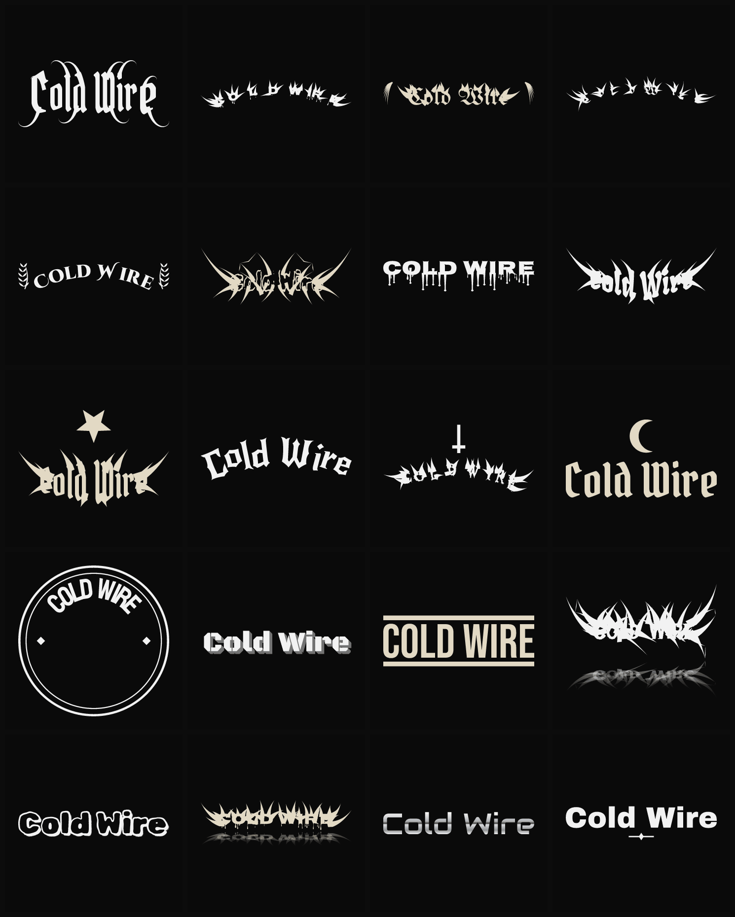 Twenty Cold Wire band logo ideas — different faces, treatments and spike settings