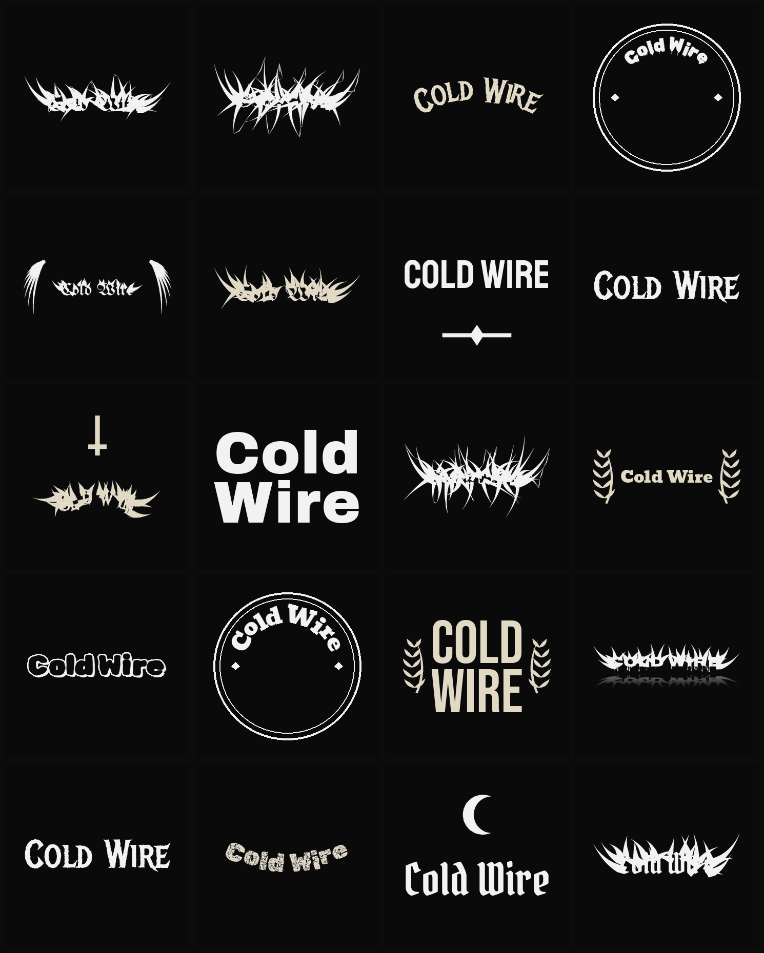 Twenty Cold Wire band logo ideas — different faces, treatments and spike settings