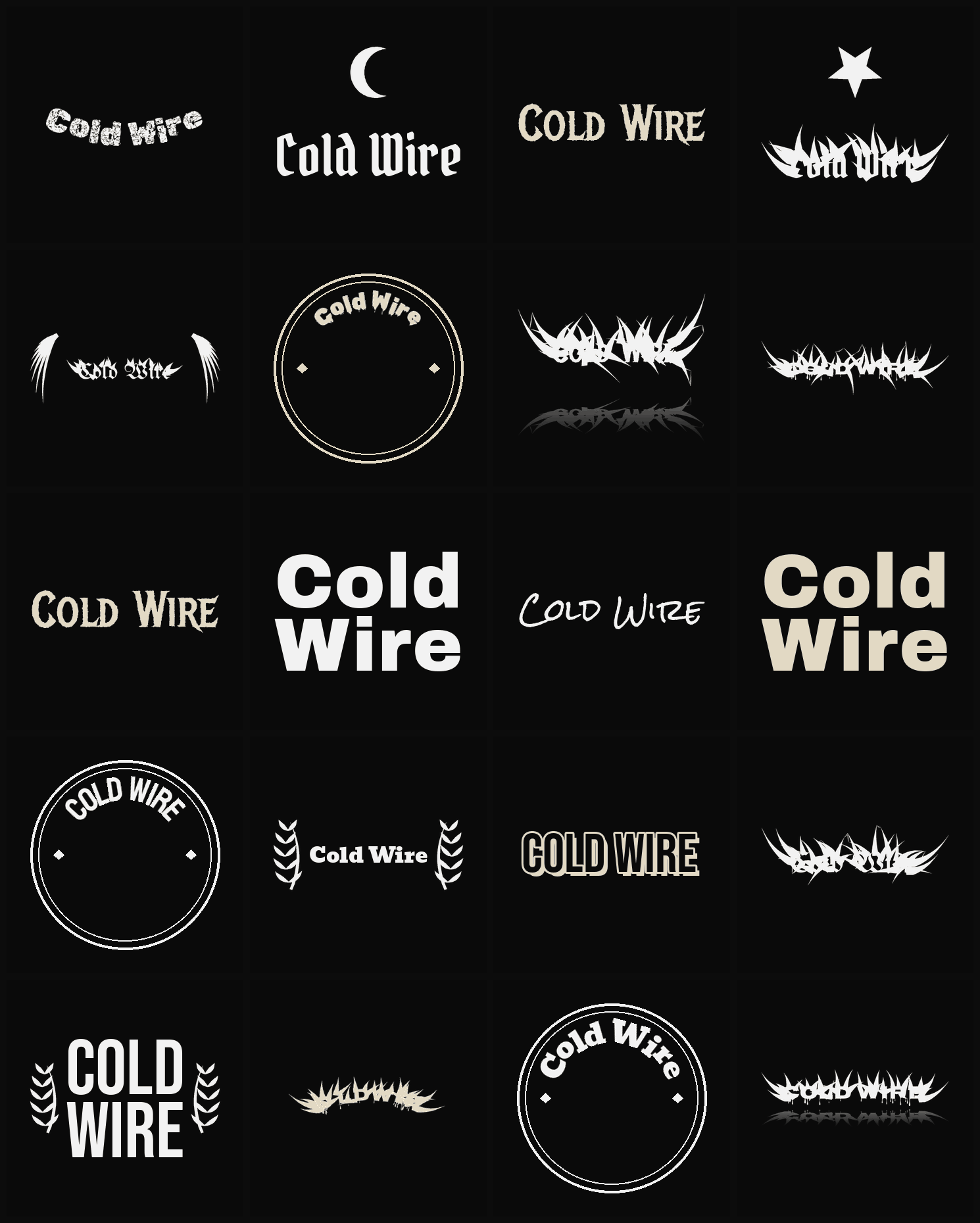 Twenty Cold Wire band logo ideas — different faces, treatments and spike settings