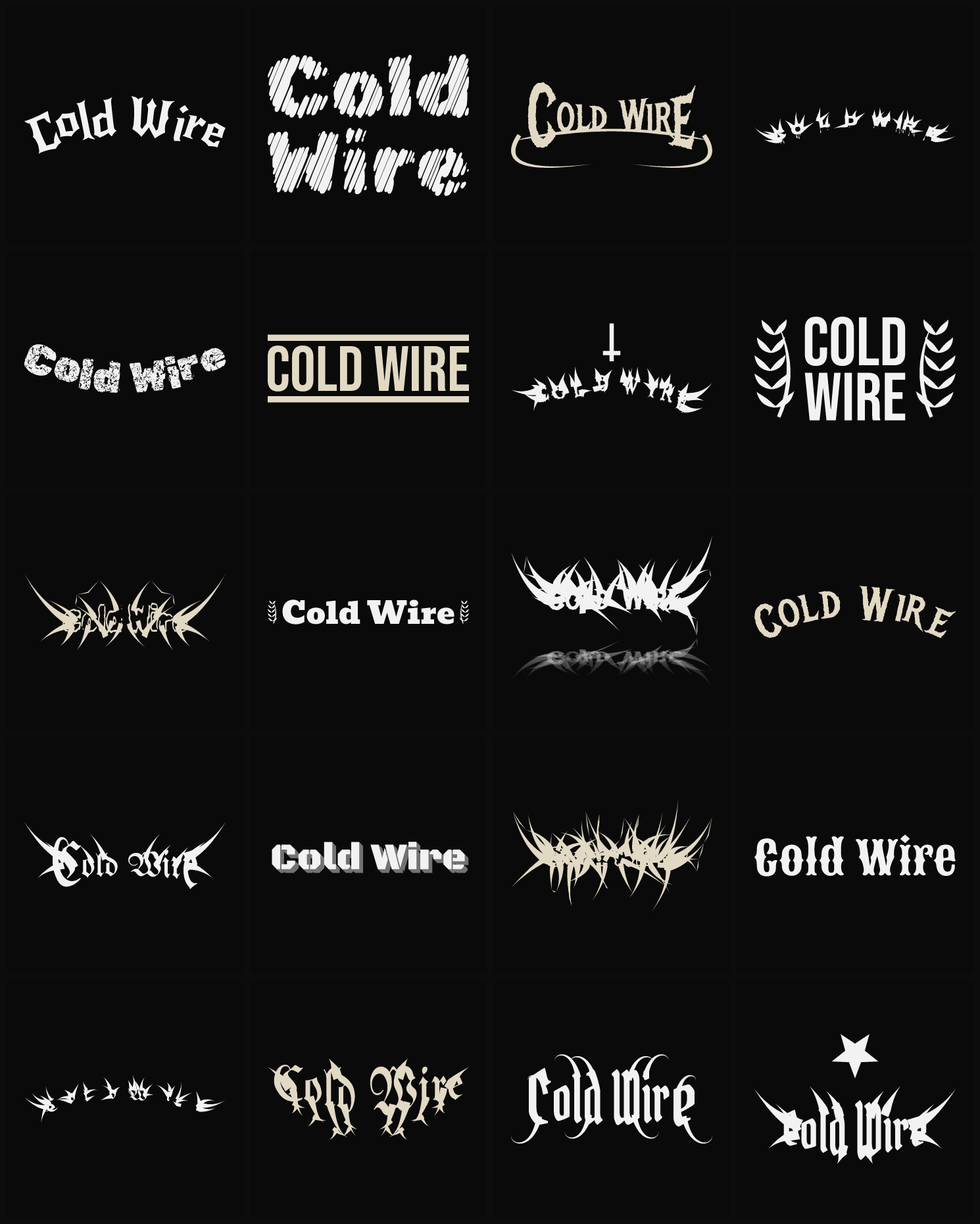 Twenty Cold Wire band logo ideas — different faces, treatments and spike settings
