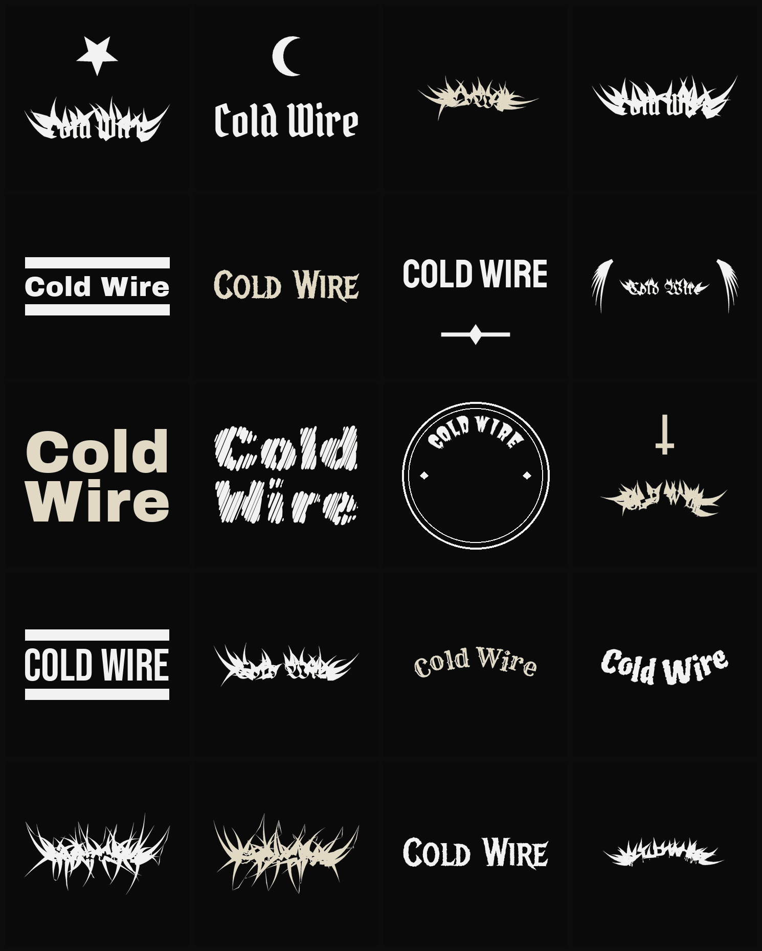 Twenty Cold Wire band logo ideas — different faces, treatments and spike settings