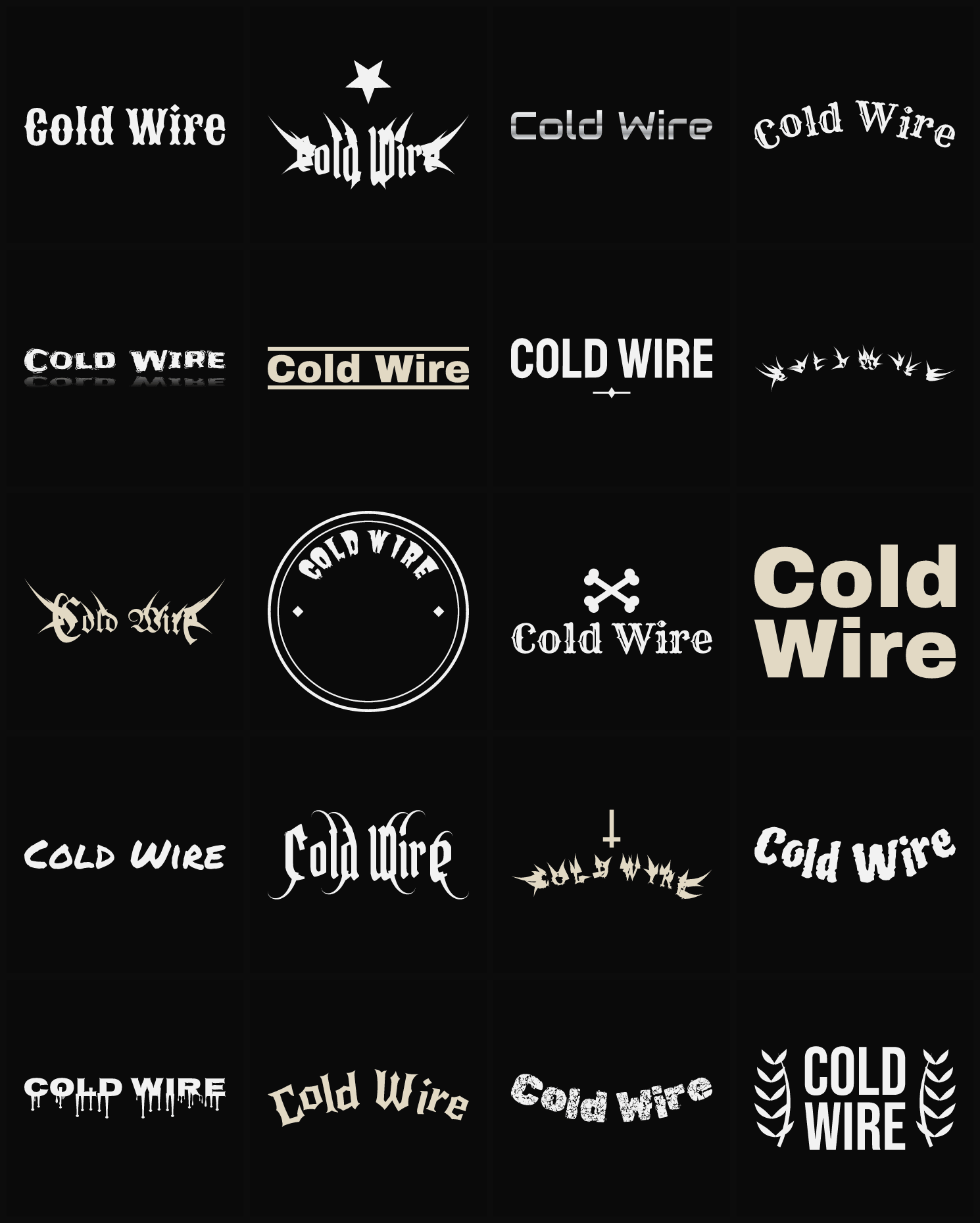 Twenty Cold Wire band logo ideas — different faces, treatments and spike settings