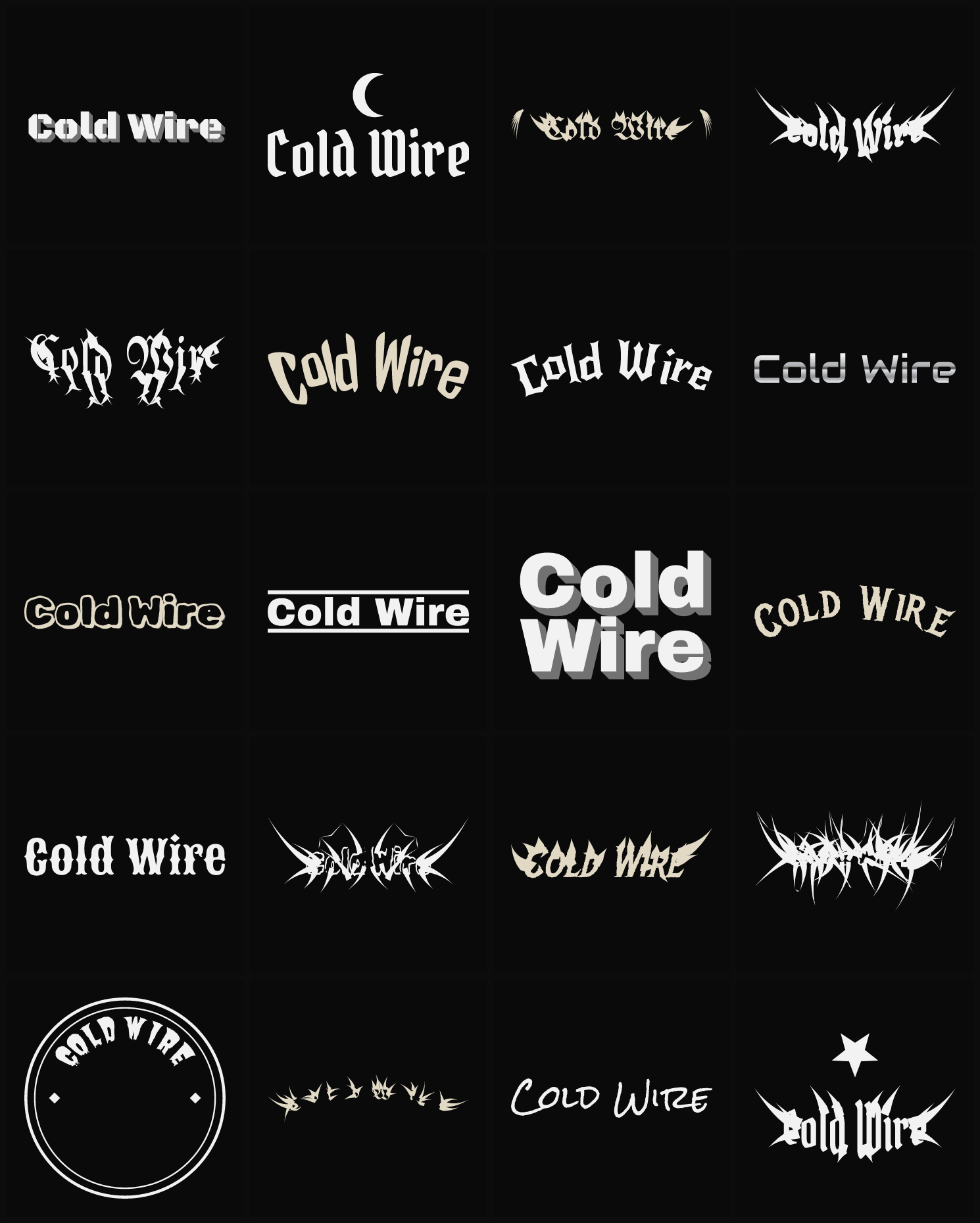 Twenty Cold Wire band logo ideas — different faces, treatments and spike settings