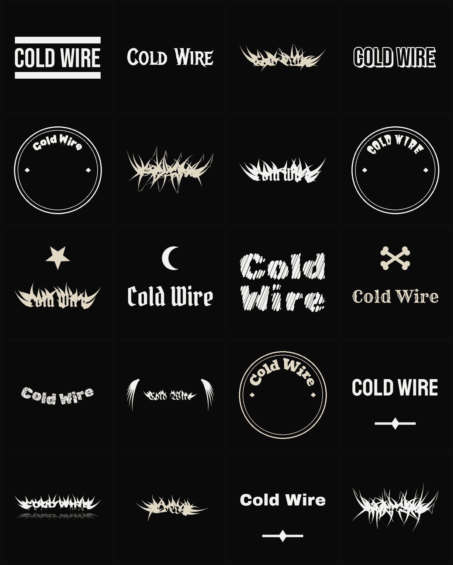 Twenty Cold Wire band logo ideas — different faces, treatments and spike settings