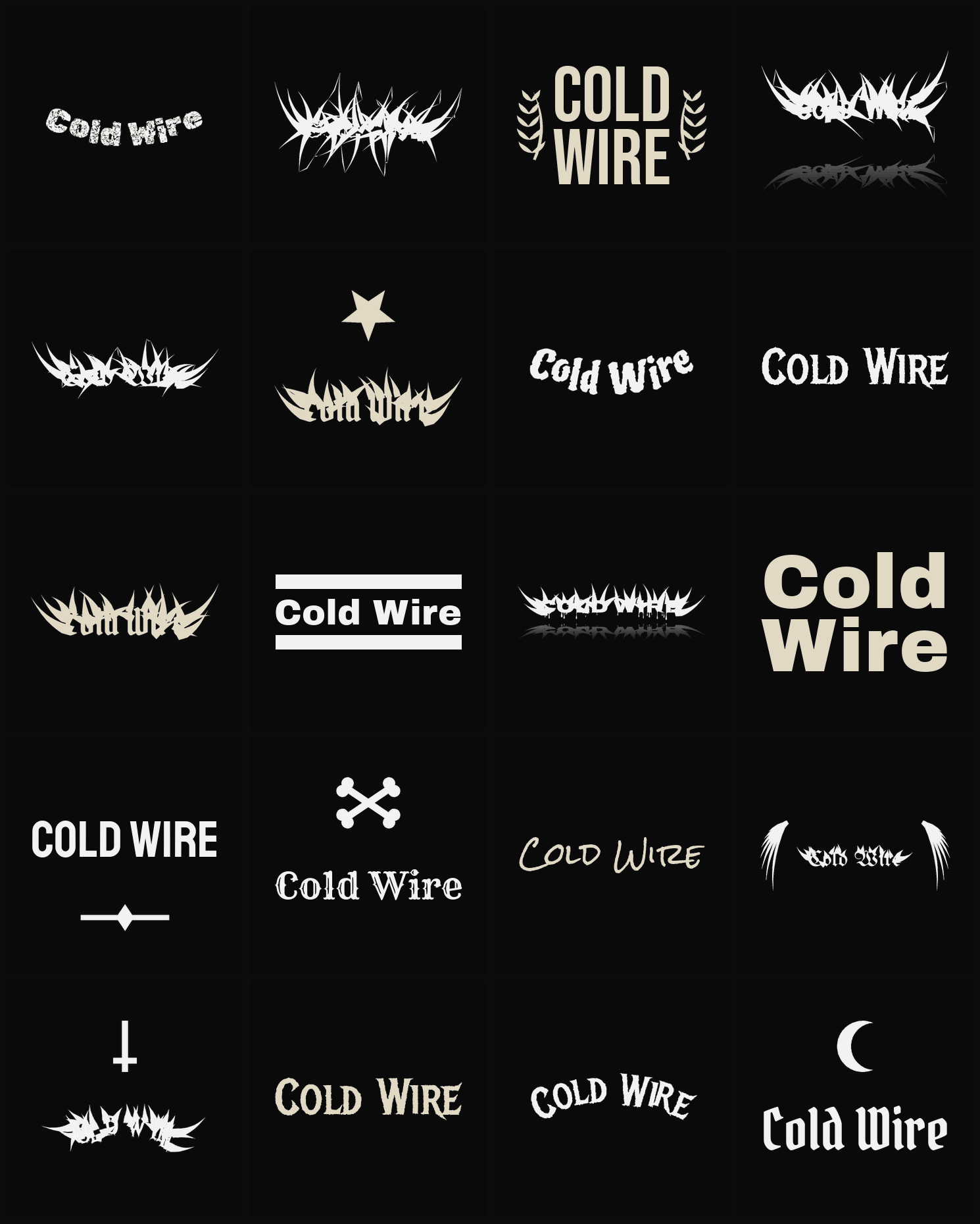 Twenty Cold Wire band logo ideas — different faces, treatments and spike settings