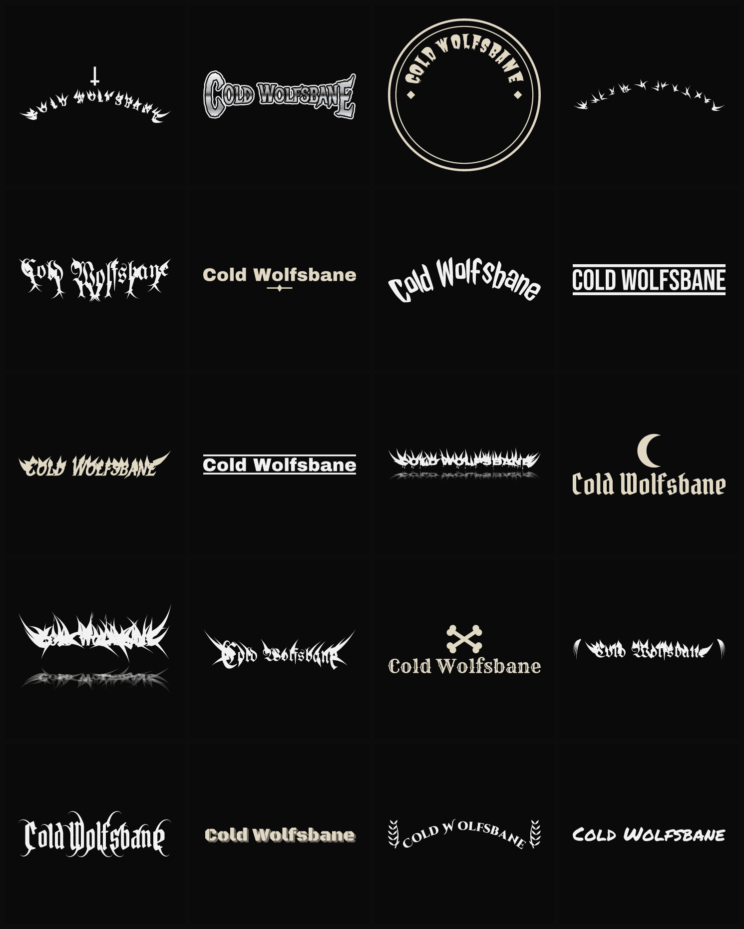 Twenty Cold Wolfsbane band logo ideas — different faces, treatments and spike settings