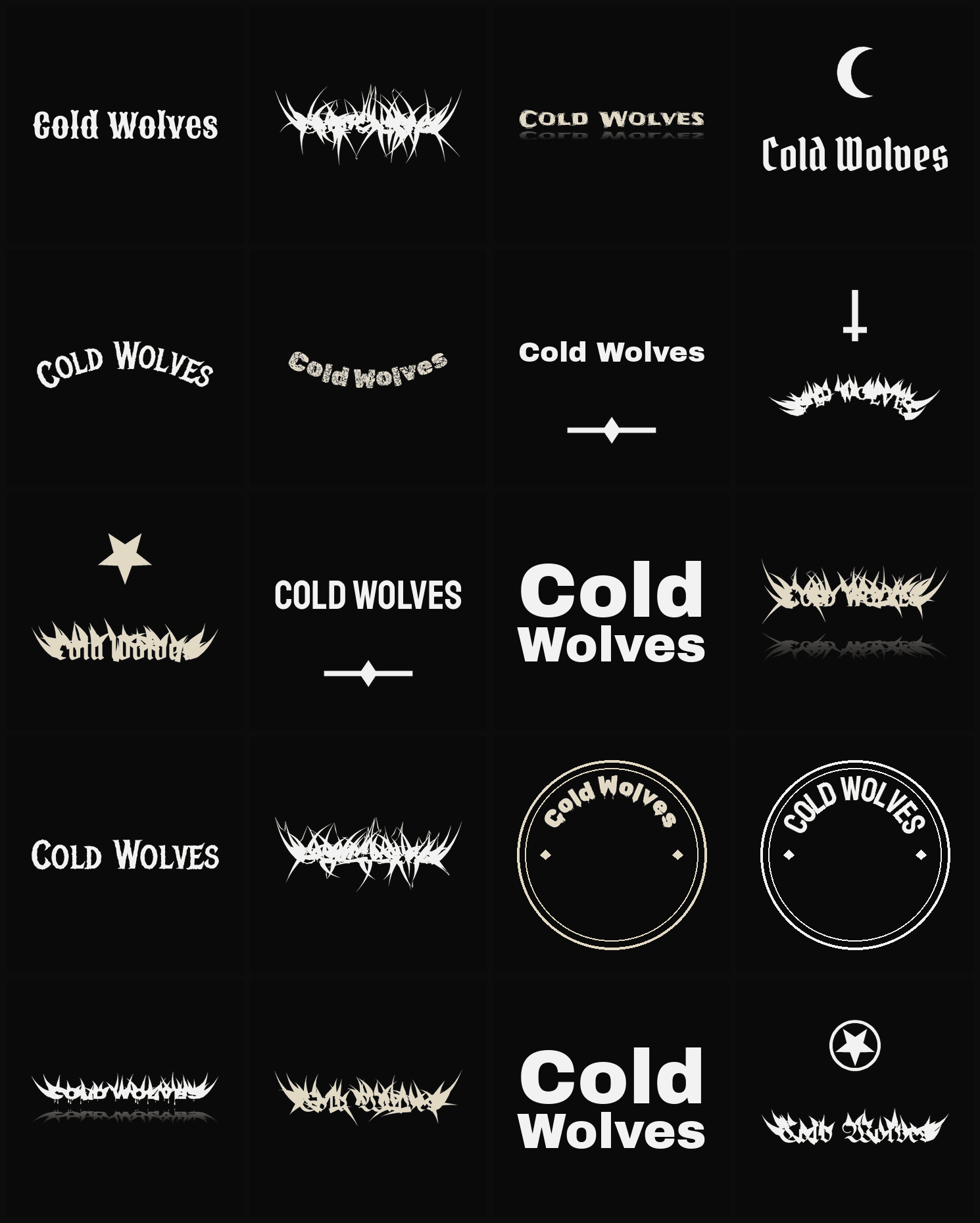 Twenty Cold Wolves band logo ideas — different faces, treatments and spike settings