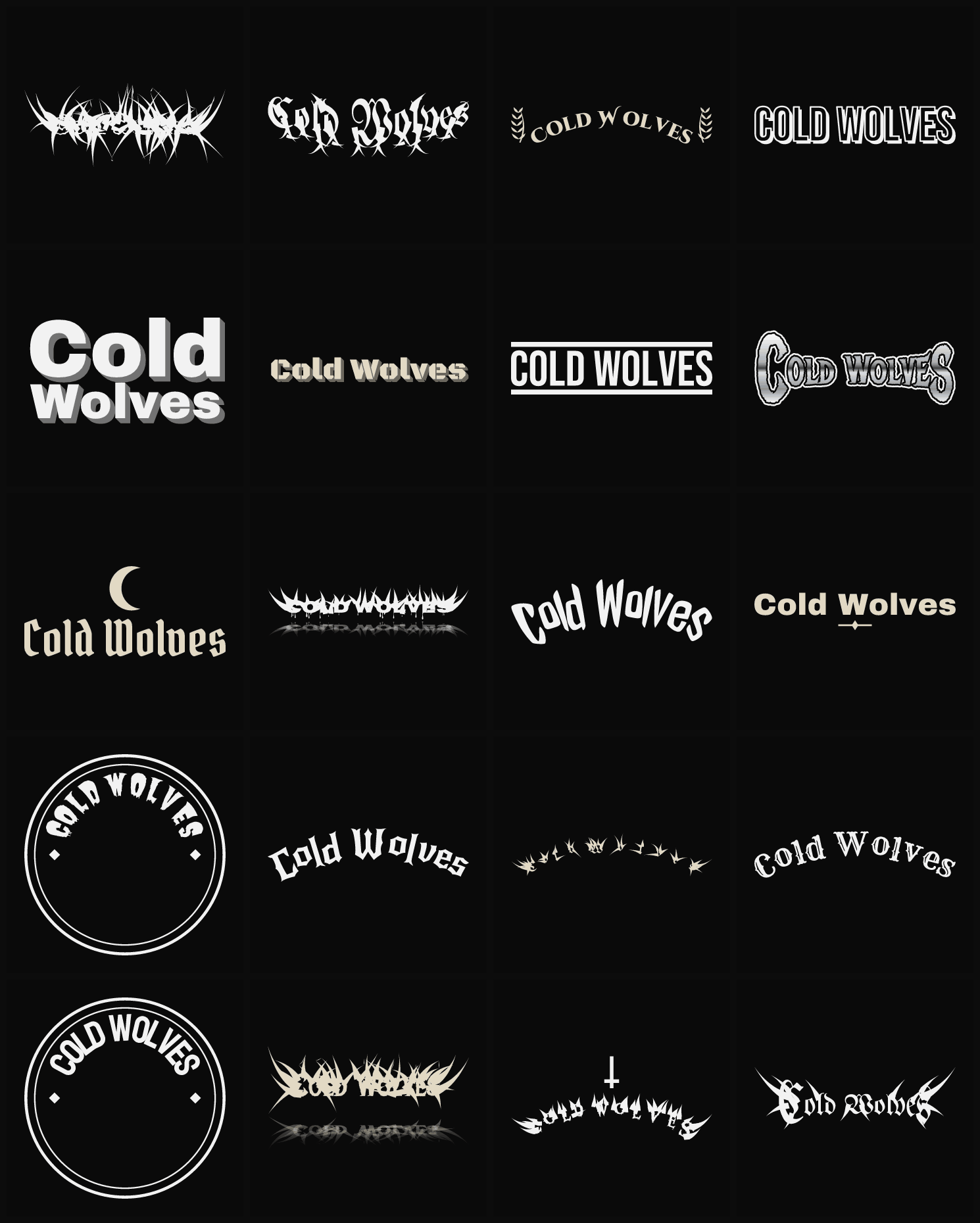 Twenty Cold Wolves band logo ideas — different faces, treatments and spike settings
