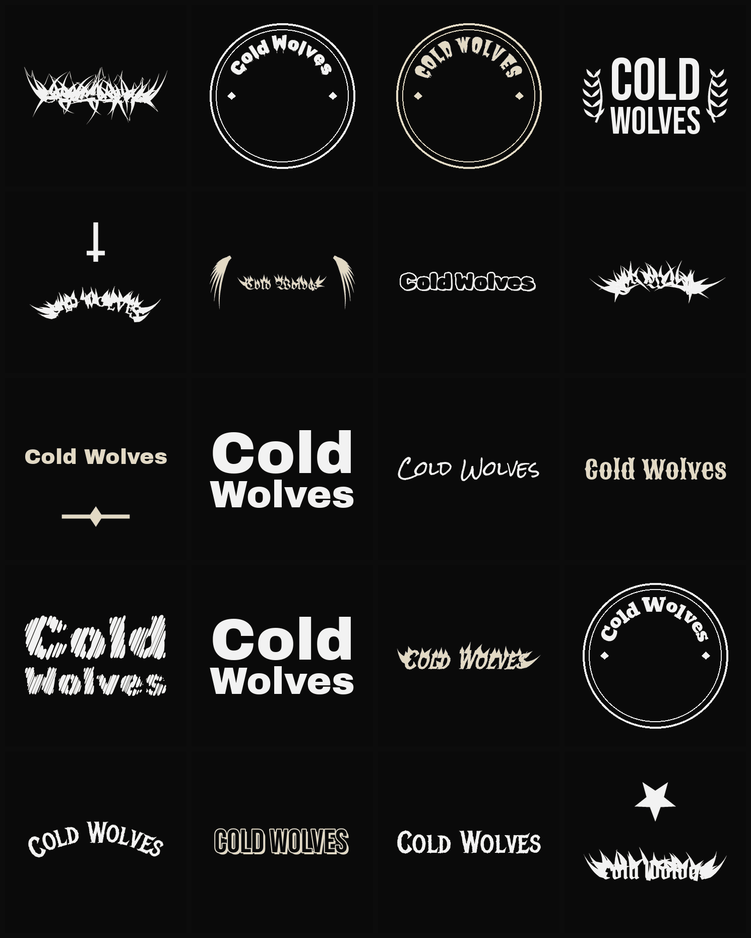 Twenty Cold Wolves band logo ideas — different faces, treatments and spike settings