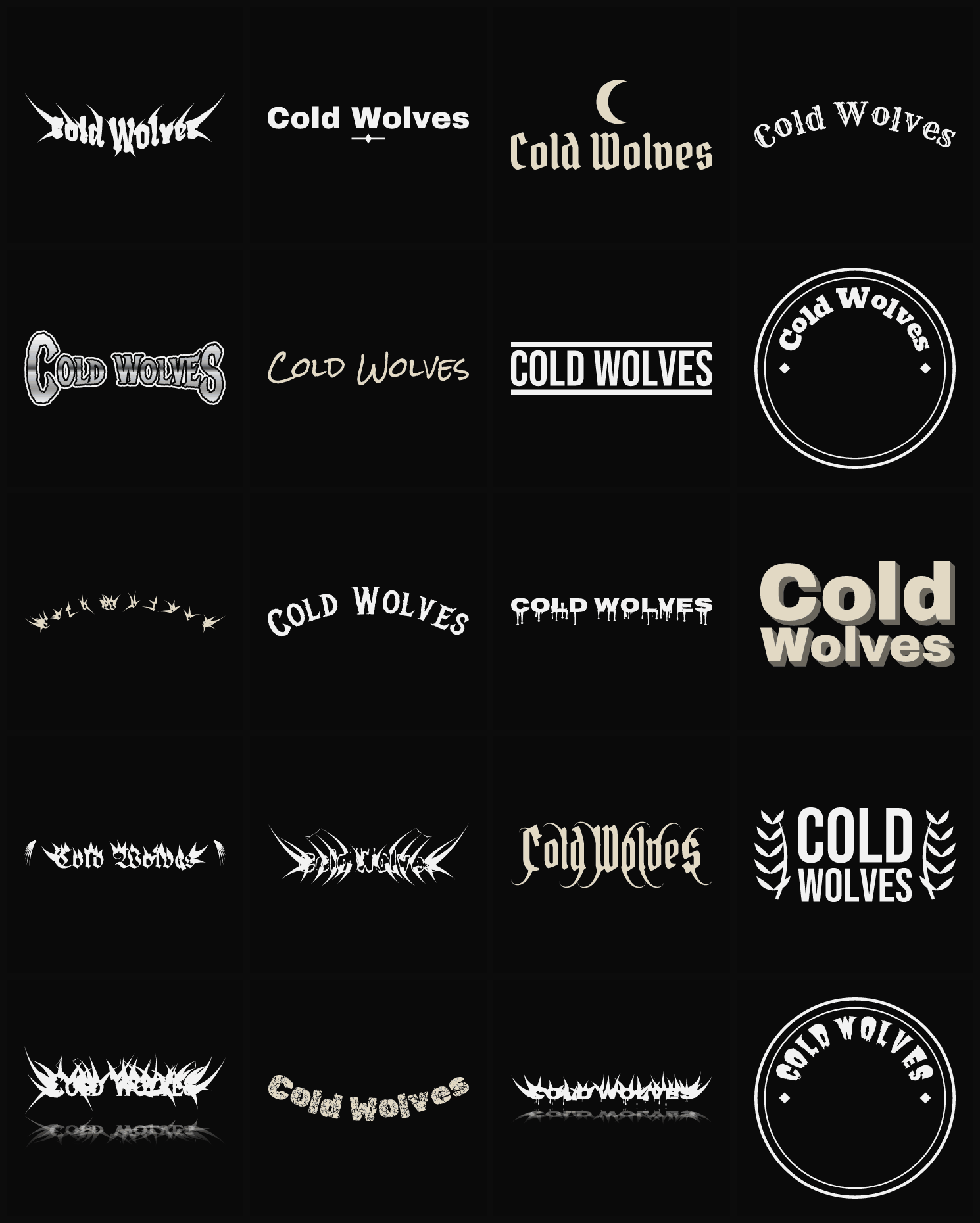 Twenty Cold Wolves band logo ideas — different faces, treatments and spike settings