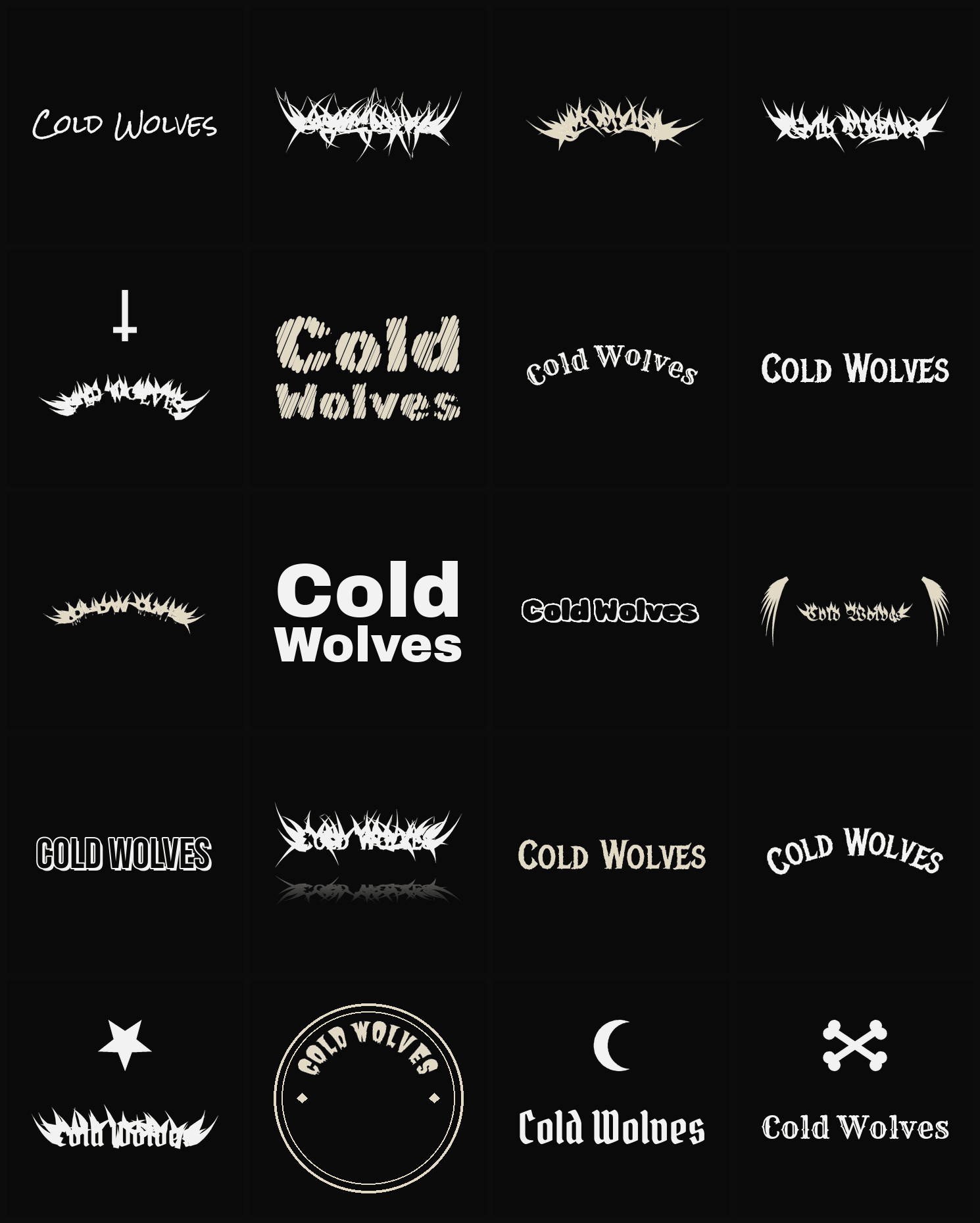Twenty Cold Wolves band logo ideas — different faces, treatments and spike settings
