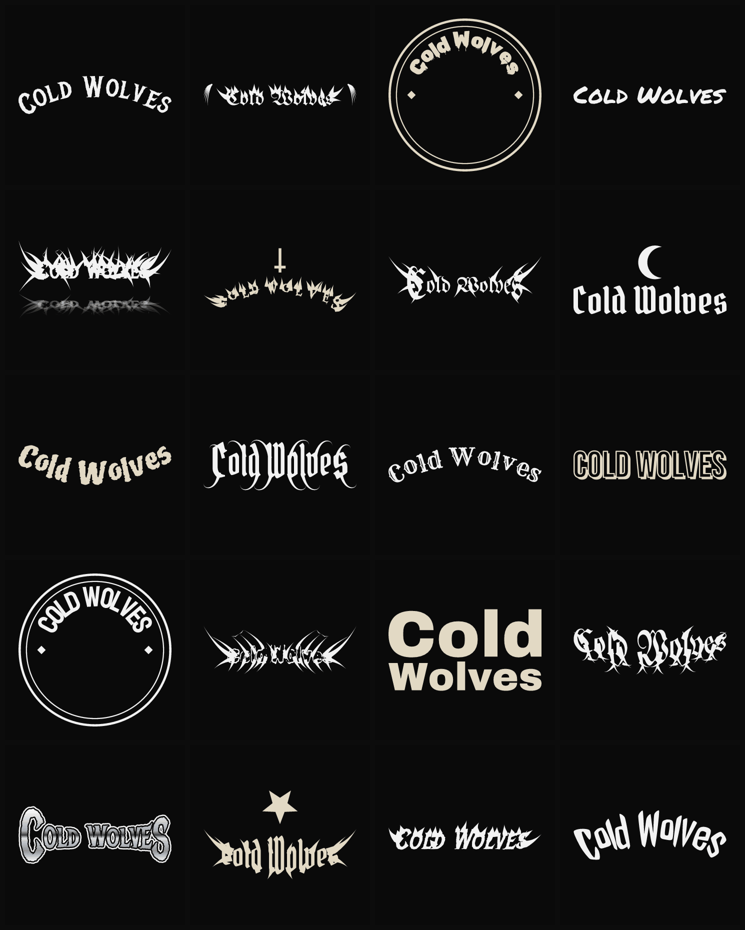 Twenty Cold Wolves band logo ideas — different faces, treatments and spike settings