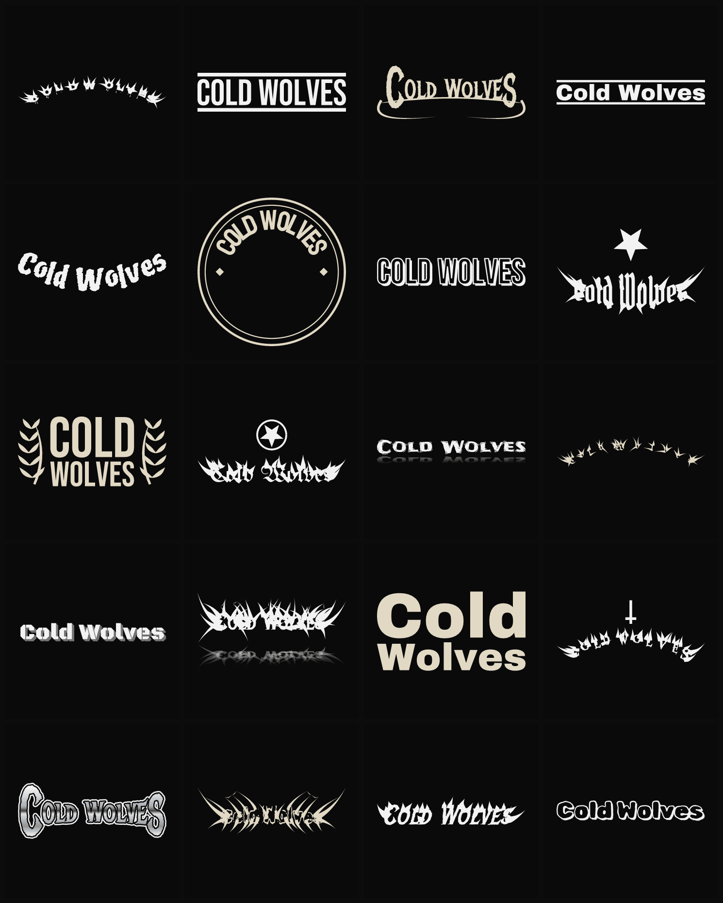 Twenty Cold Wolves band logo ideas — different faces, treatments and spike settings