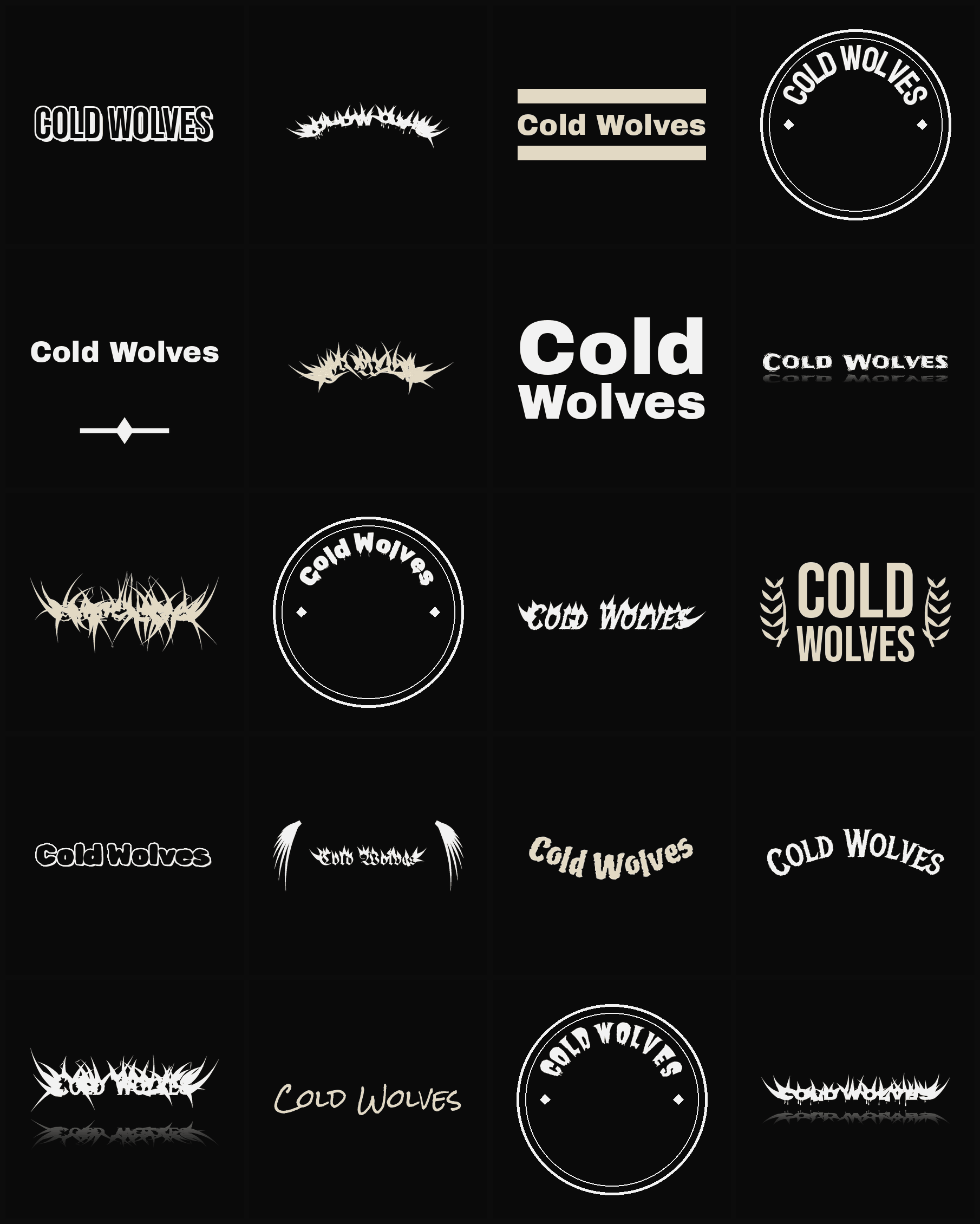 Twenty Cold Wolves band logo ideas — different faces, treatments and spike settings