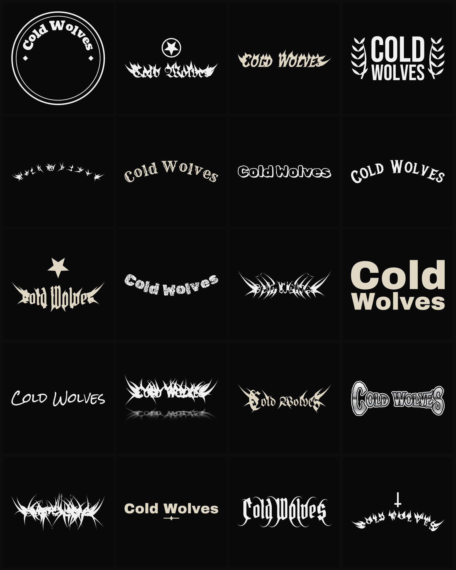 Twenty Cold Wolves band logo ideas — different faces, treatments and spike settings