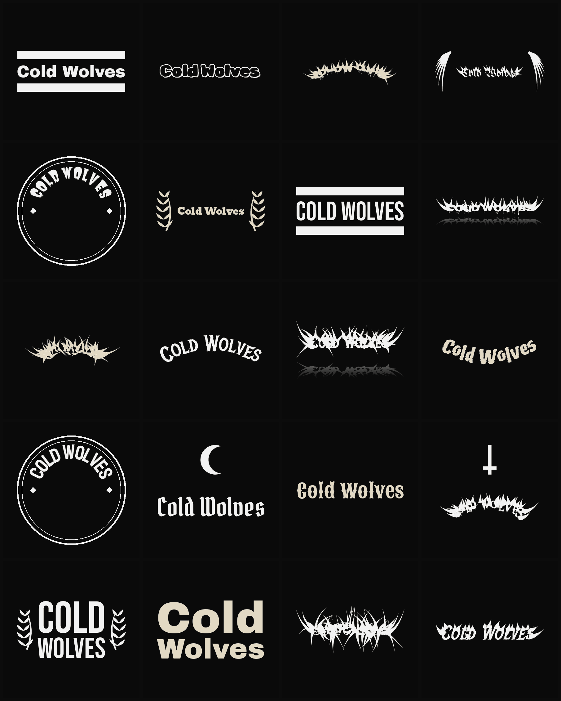 Twenty Cold Wolves band logo ideas — different faces, treatments and spike settings
