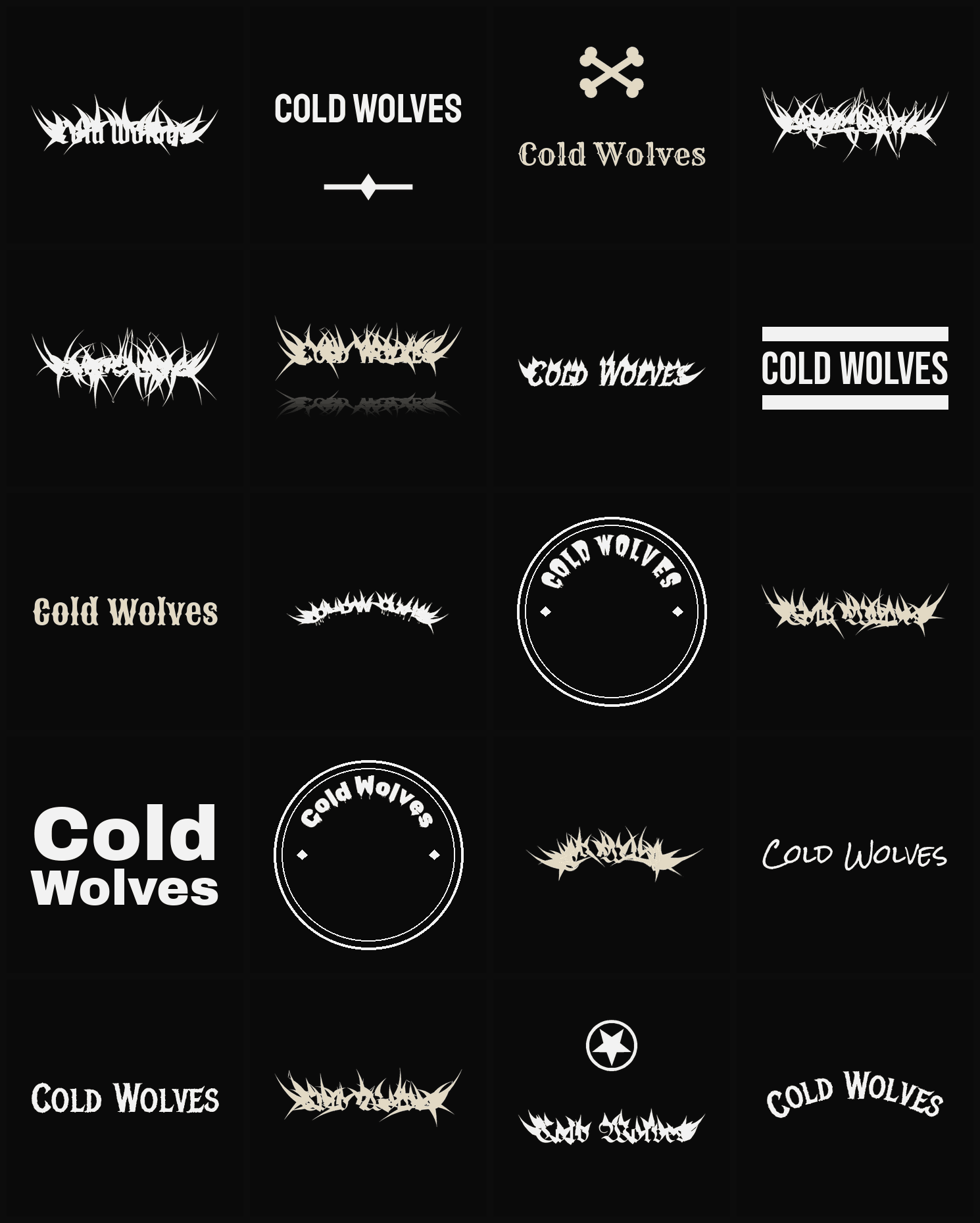 Twenty Cold Wolves band logo ideas — different faces, treatments and spike settings