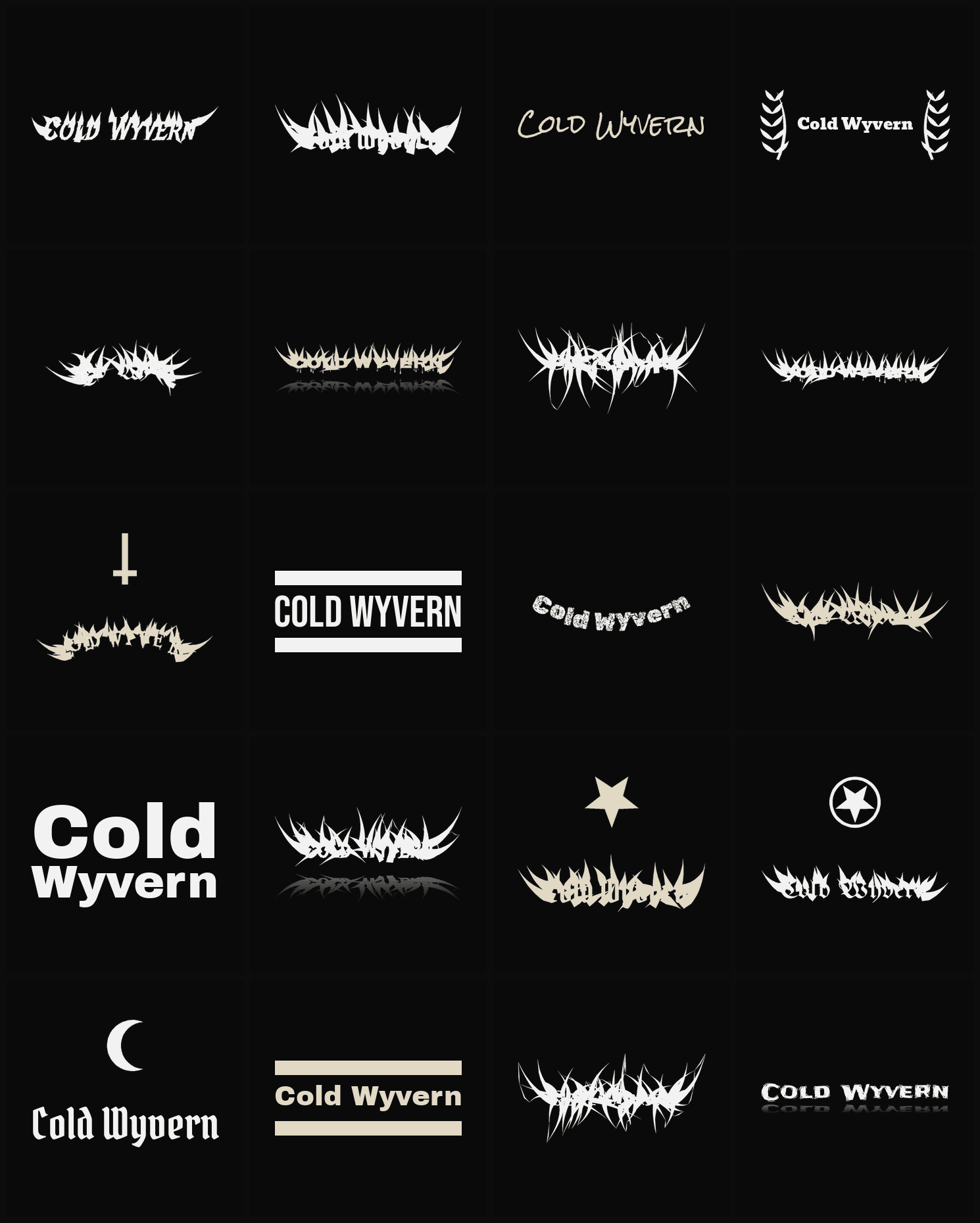 Twenty Cold Wyvern band logo ideas — different faces, treatments and spike settings