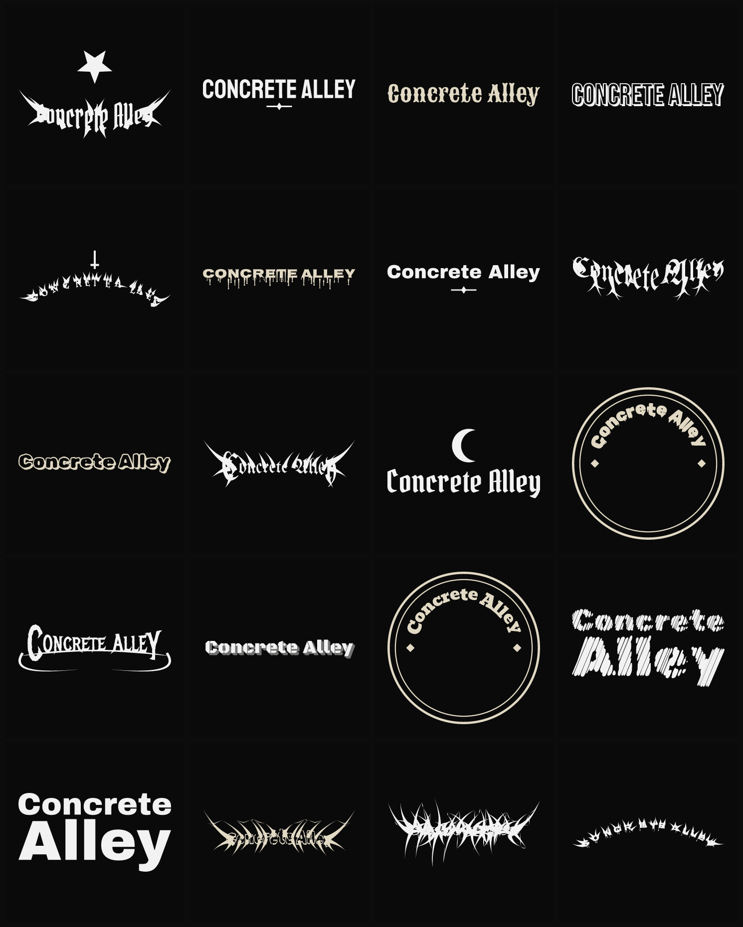 Twenty Concrete Alley band logo ideas — different faces, treatments and spike settings