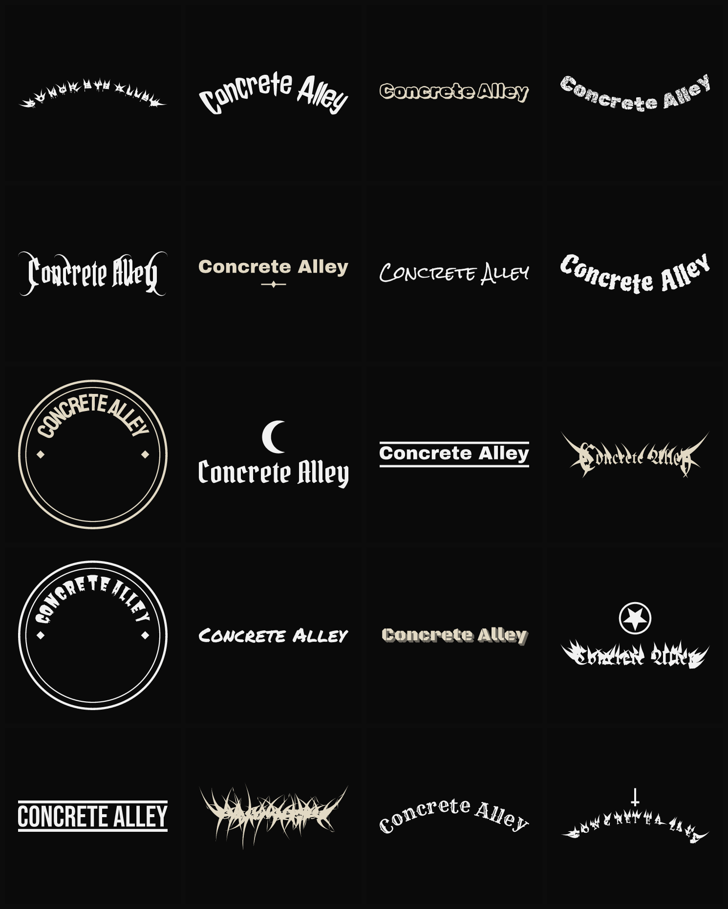 Twenty Concrete Alley band logo ideas — different faces, treatments and spike settings